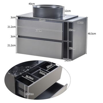HIYORI Waschbeckenunterschrank Waschbeckenunterschrank hängend 80cm breit mit Keramikwaschbecken mit Schubladen modernes Design