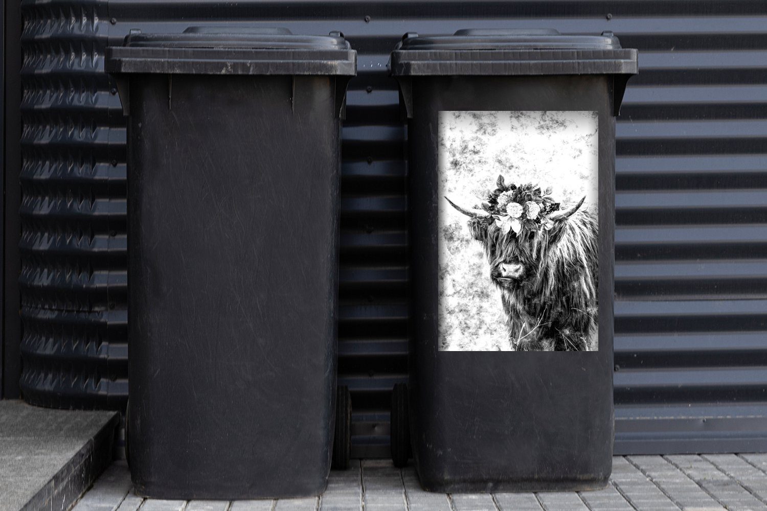 Blumenkrone Container, Mülleimer-aufkleber, und Highlander Schottischer MuchoWow Sticker, einer Wandsticker Mülltonne, mit schwarz St), Abfalbehälter weiß - (1