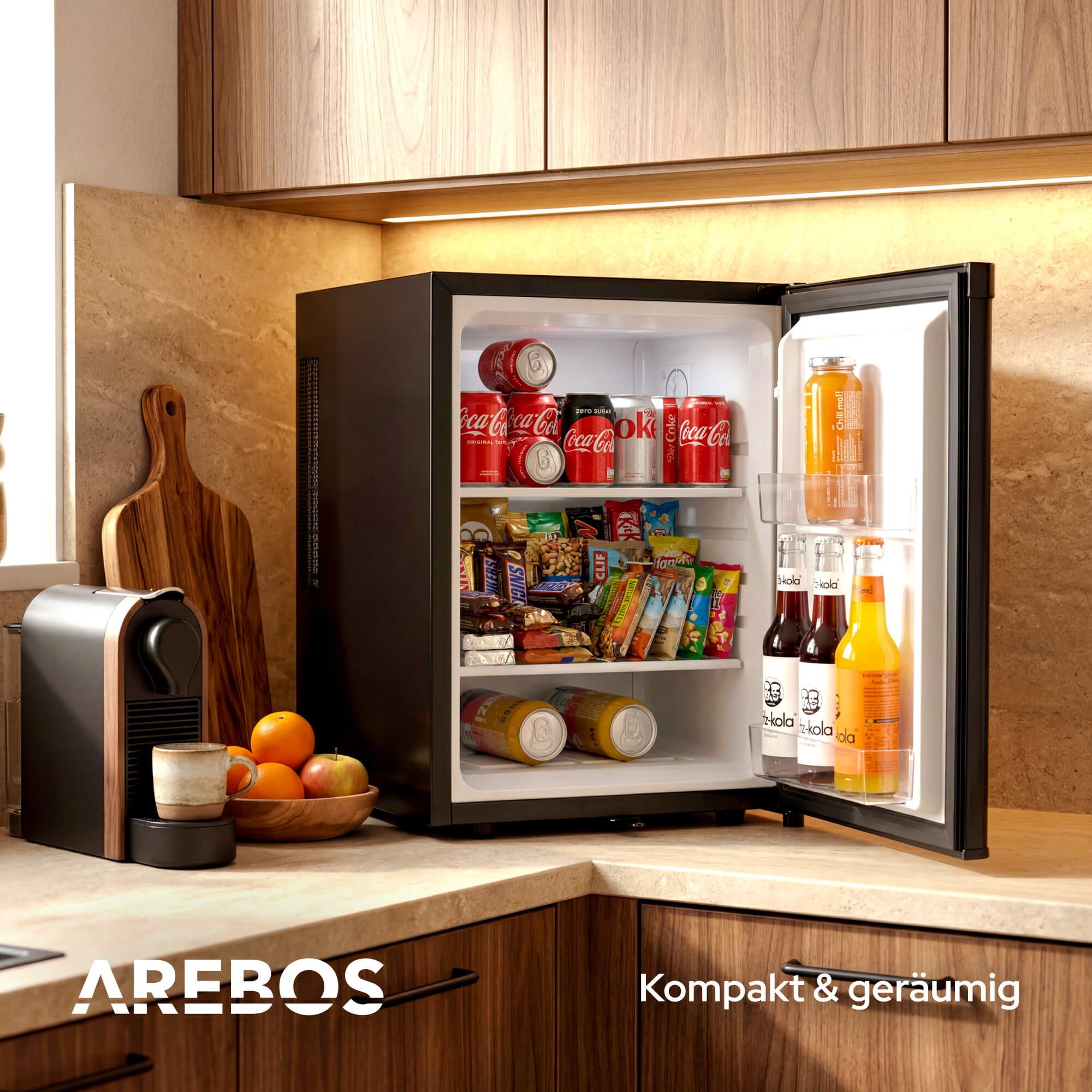 Arebos Getränkekühlschrank AR-HE-MKS40, 55,9 cm hoch, 42 cm breit, 3-Stufen Thermostat, Türanschlag wechselbar, Glasablagen, 2 Türfächer – Bild 5 von 5