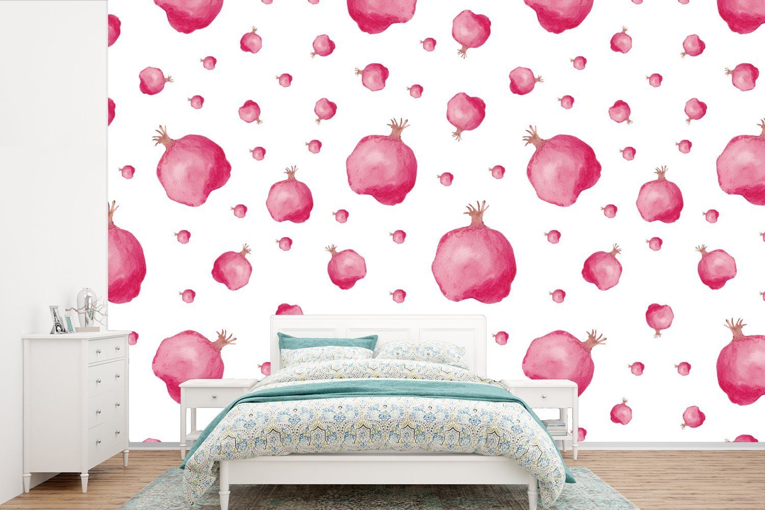 MuchoWow Fototapete St), bedruckt, Schlafzimmer, - Wohnzimmer, (6 - Aquarell, Kinderzimmer, Matt, Wallpaper - Schablonen Vinyl Granatapfel Rosa für Tapete