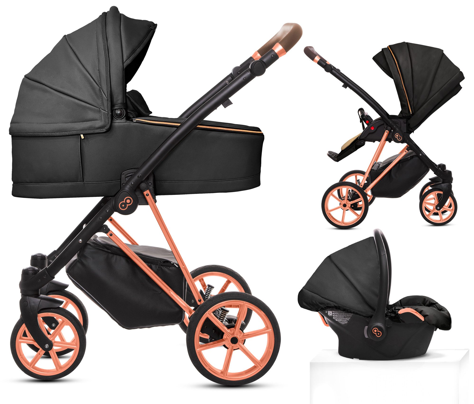 TPFFamily Kombi-Kinderwagen 3in1 Musse Royal, Baby Buggy Babywanne 5-Punkt-Sicherheitsgurt, Zubehör-Set Kinderwagen 3 in 1 Kunstleder Schwarz, Gestell Rosé Gold