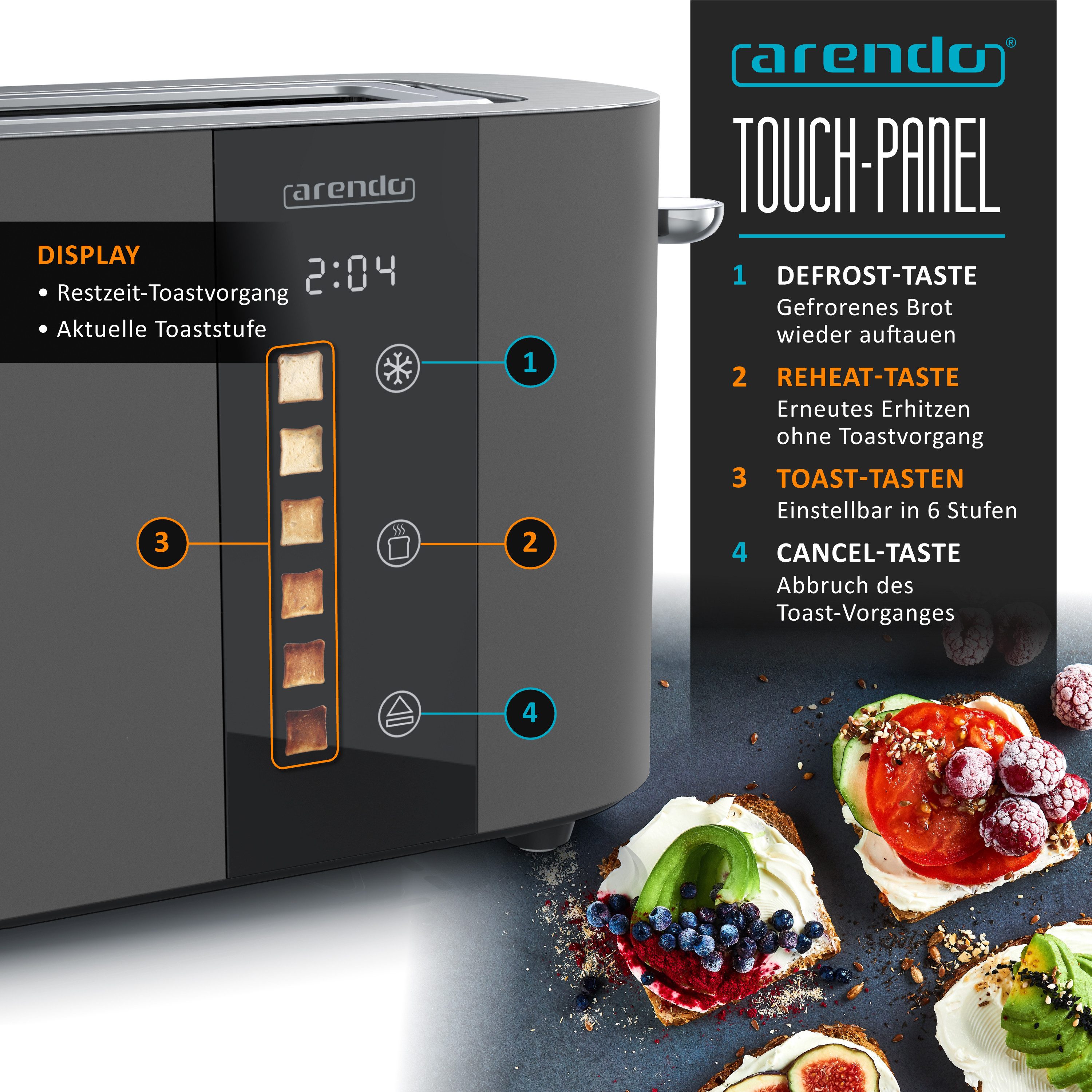 Arendo Toaster Edelstahl, Langschlitz, Touch Display, Restzeit & Bräunungsgradanzeige, 1 langer Schlitz, für 2 Scheiben, 1000 W, Brötchenaufsatz, Wärmeisoliert, Toast-Symbole für Bräunungsgradauswahl