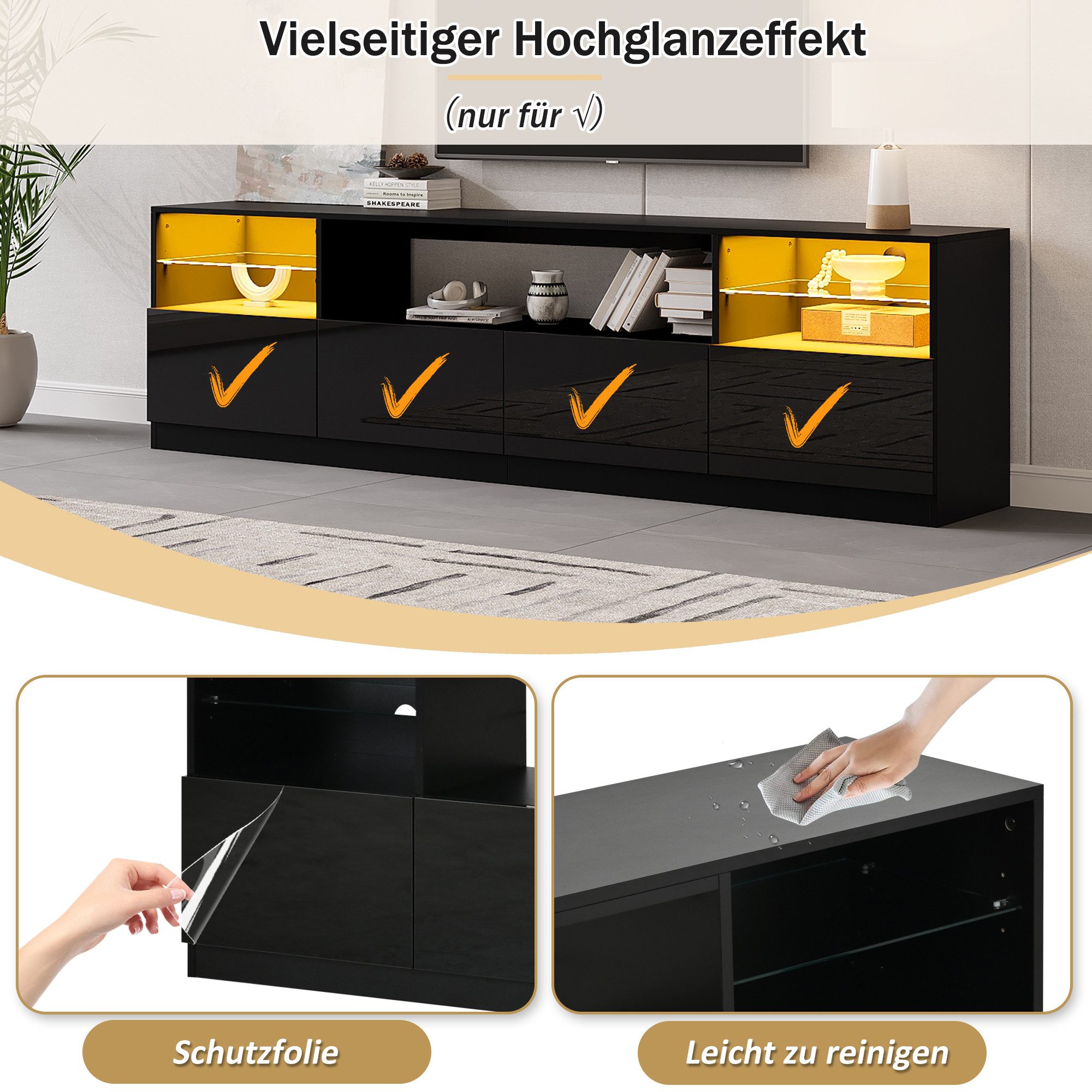 Merax Lowboard Hochglanz Fernsehschrank mit LED (1 St., Wohnzimmer & Esszimmer TV Board), TV-Schrank mit 4 Flügeltüren & 8 Fächer, 180x35x60cm
