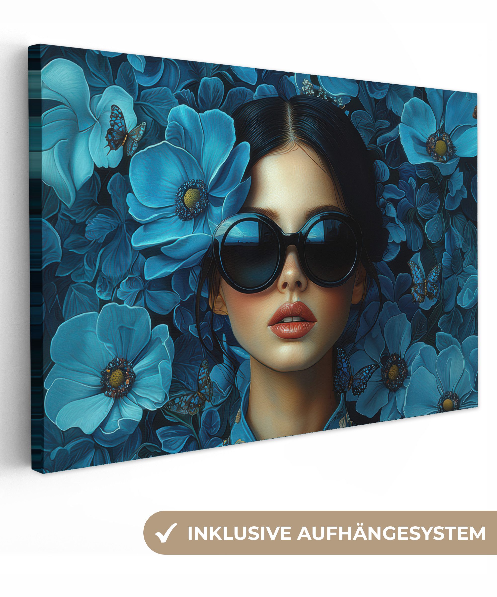 OneMillionCanvasses® Leinwandbild Frau - Blumen - Blau - Ästhetik - Luxus, Fotodruck (1 St), Leinwand Bilder Klein, Wand Dekoration Aesthetic 30x20 cm