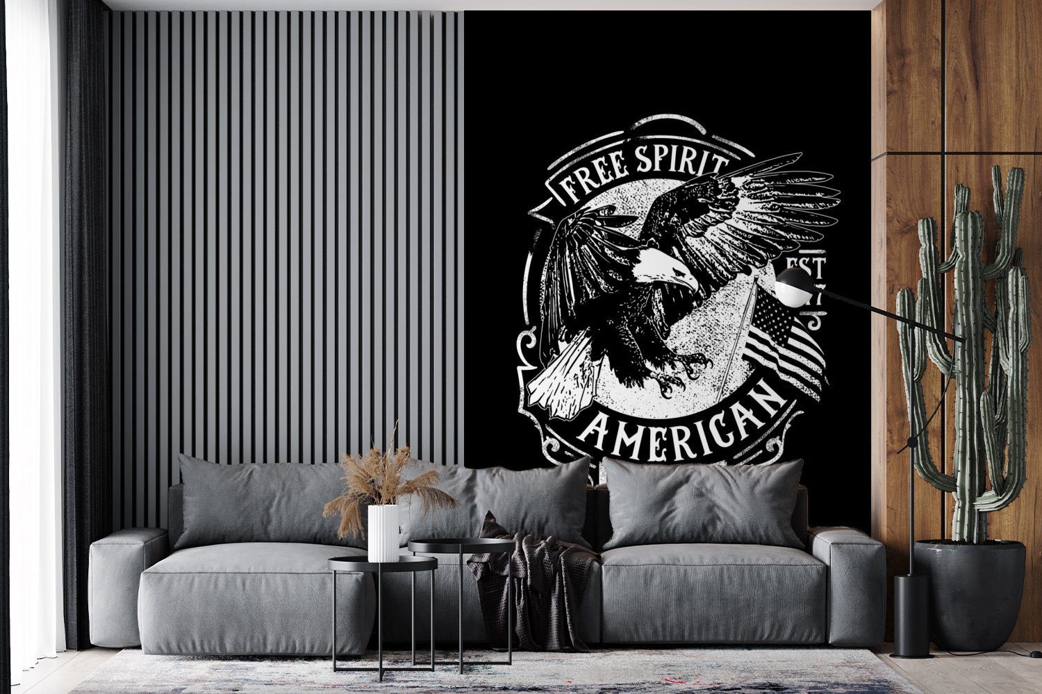 Flagge für Matt, Schwarz St), - Wohnzimmer, (3 Fototapete - Adler Weiß, Retro MuchoWow - Montagefertig Tapete - bedruckt, Wandtapete Vinyl