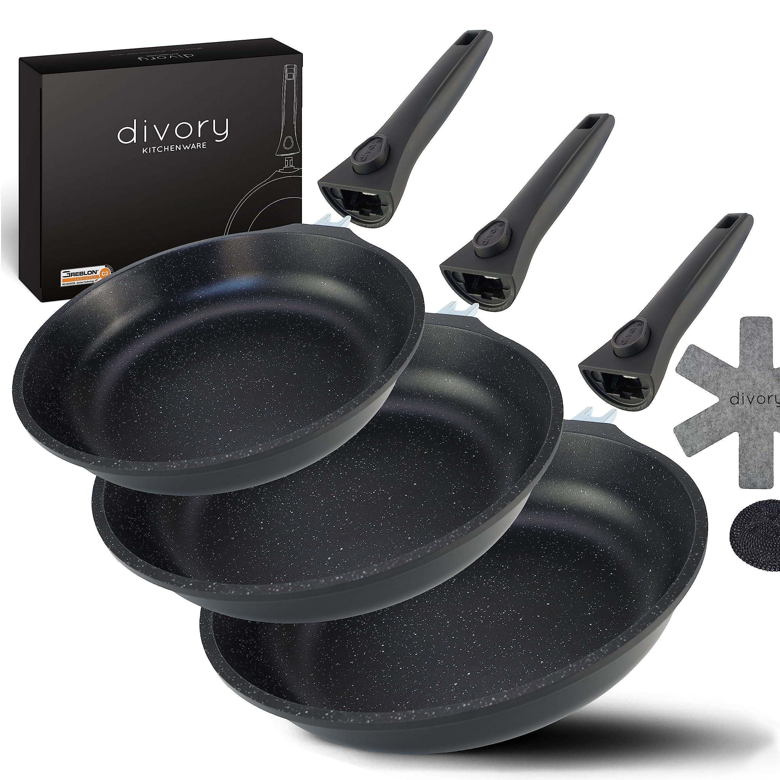 divory Pfannen-Set 20, 24, 28 cm abnehmbarer Griff, Antihaft Pfanne induktion hoher Rand, Aluminium (Antihaftbeschichtete Bratpfanne, beschichtete Pfannen hoch, 3-tlg), Induktionspfanne - non stick Frying Pan set
