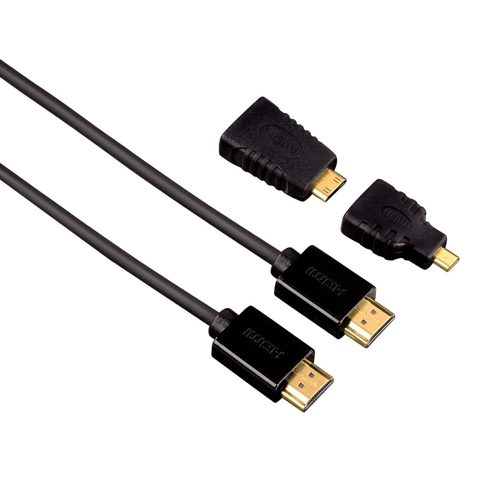 Hama High Speed HDMI™-Kabel mit Ethernet,1,50 m +2 HDMI™-Adapter HDMI-Kabel  HDMI-Kabel, HDMI, (150 cm), HDMI™-Adapter zum Anschluss an Geräte mit Mini- HDMI Buchse und Micro-HDMI Buchse