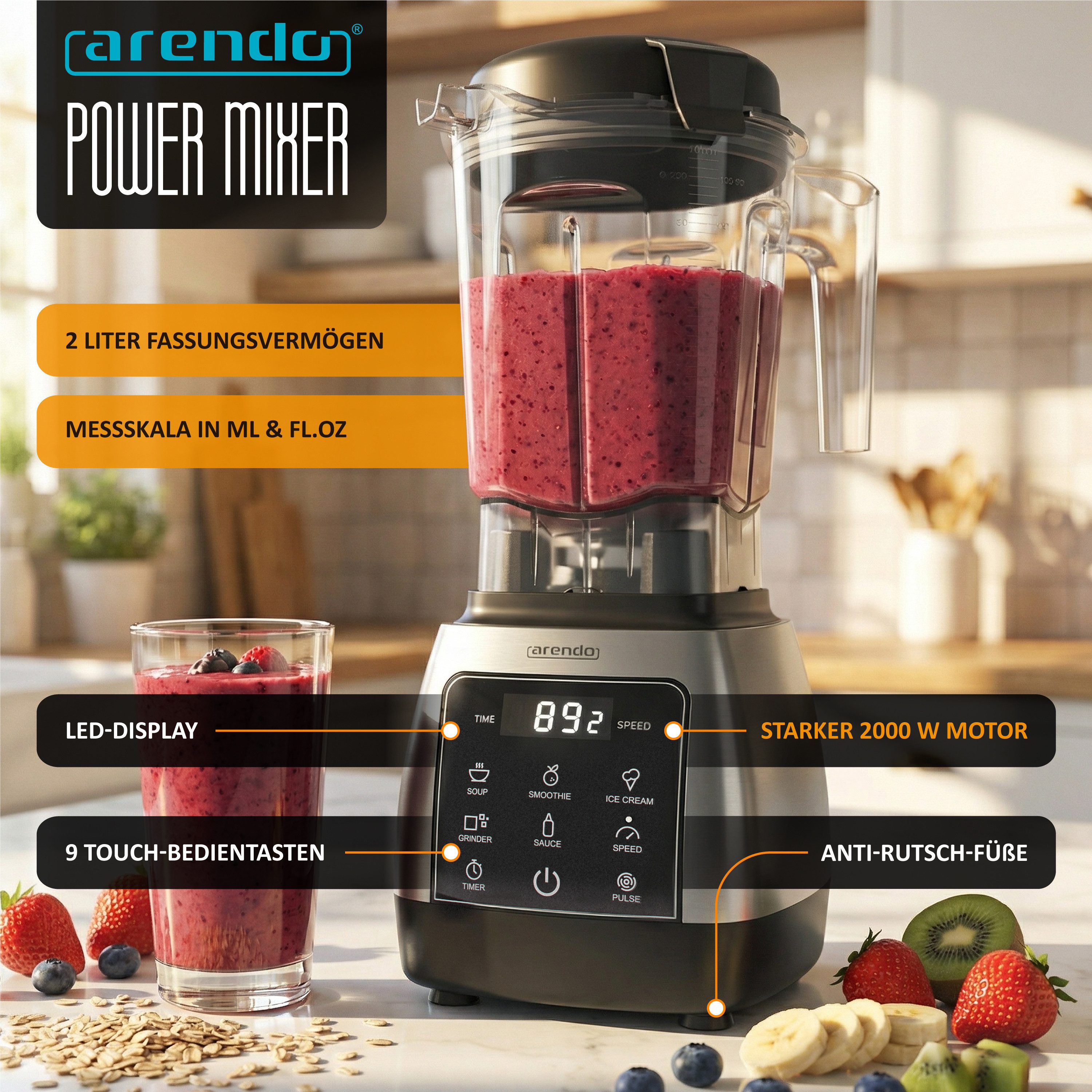 Arendo Standmixer Hochleistungsmixer 2000W, Touchpanel, max. 24.000 U/min, 2L Behälter, 2000 W, Mixer mit Pulsfunktion, 5 Programme, Timer, Mixer mit Display