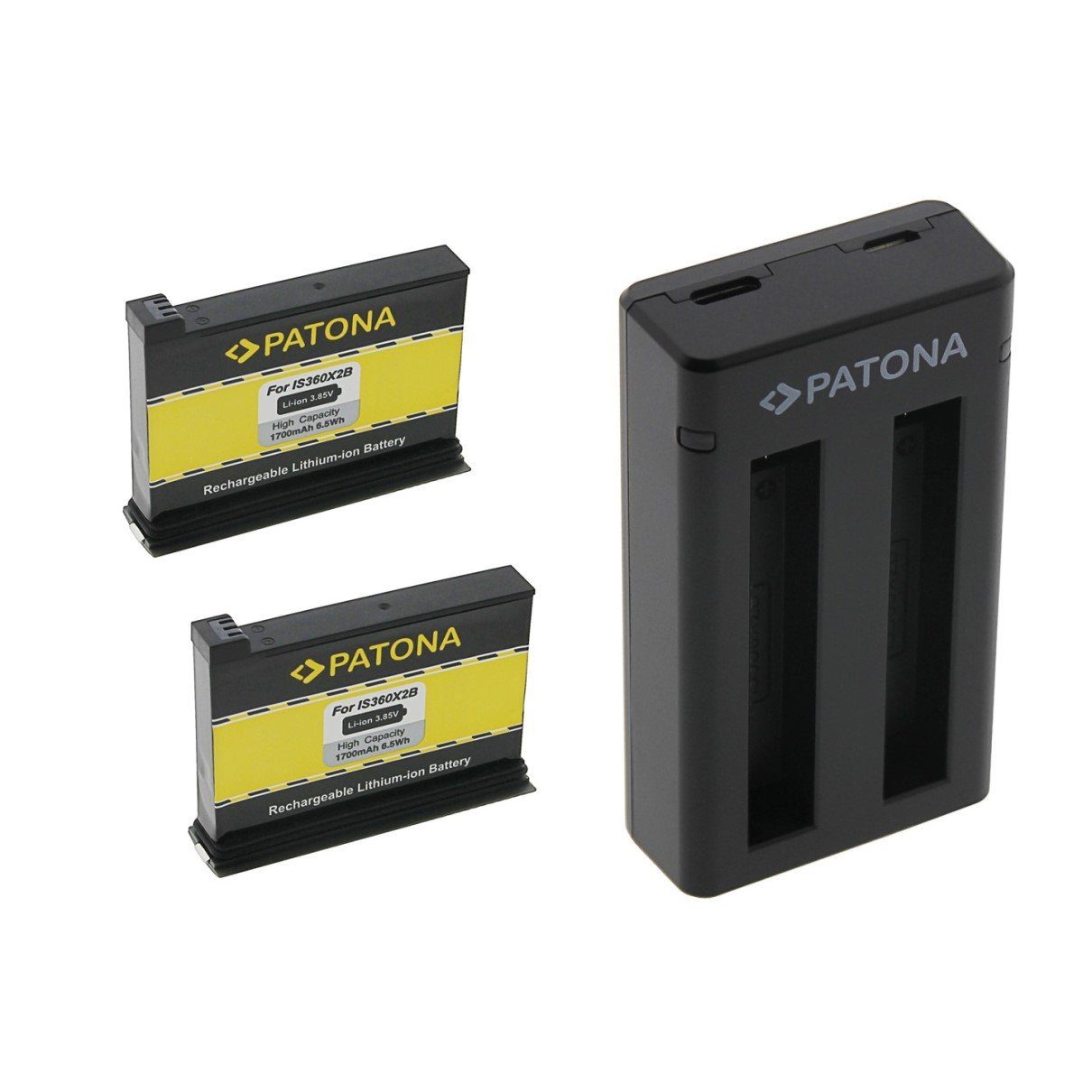 Patona ARLI Set: 2x Akku für Insta 360 One X2 +Ladegerät Kamera-Akku Ersatzakku Akku 1700 mAh (3,85 V, 1 St), IS360X2B für 360° Kamera mit Dual-Ladegerät