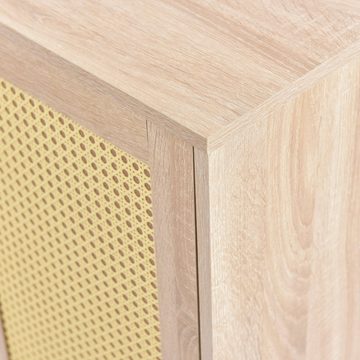 WISHDOR Sideboard Beistellschrank Schubladenschrank, Mit 2 Türen und 3 Schubladen, Rattan Sonoma Eiche, Verstellbare Ablage