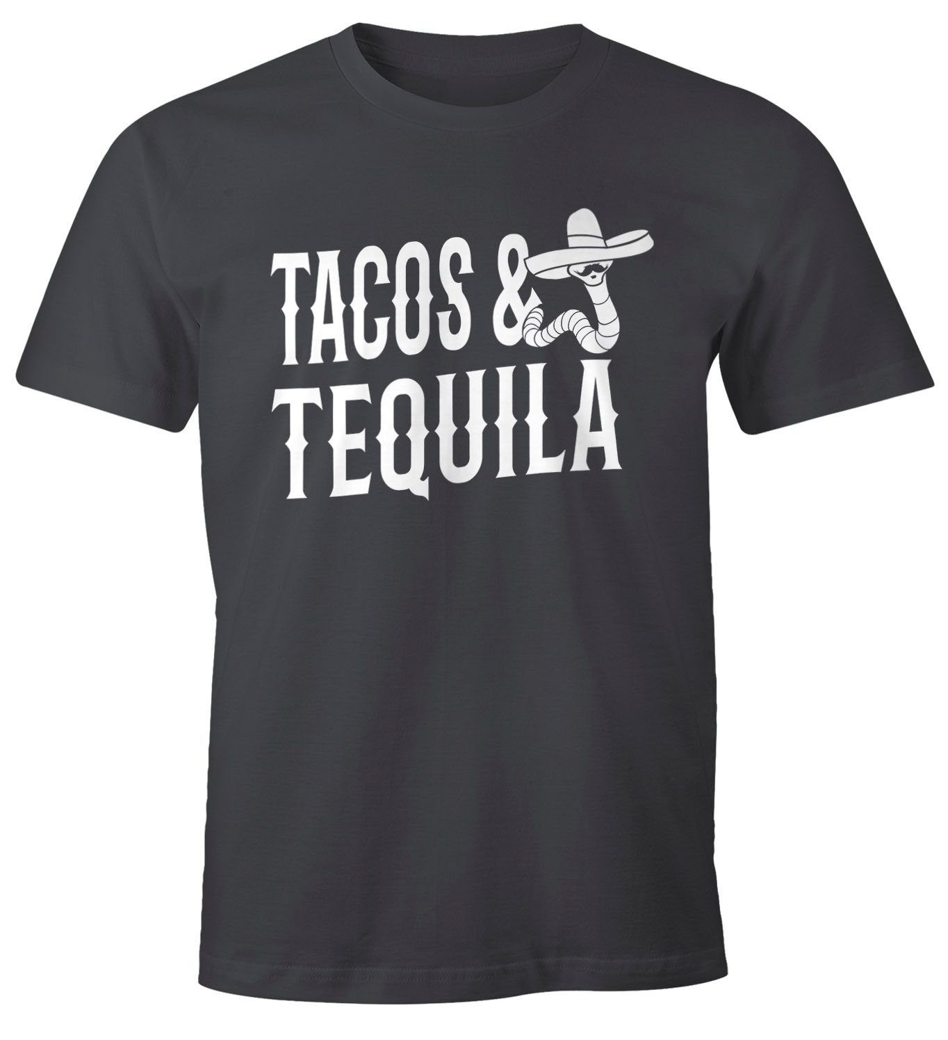 MoonWorks Print-Shirt Herren T-Shirt Tacos & Tequila Wurm Sombrero Tequilla Mexikanisch Moonworks® mit Print grau