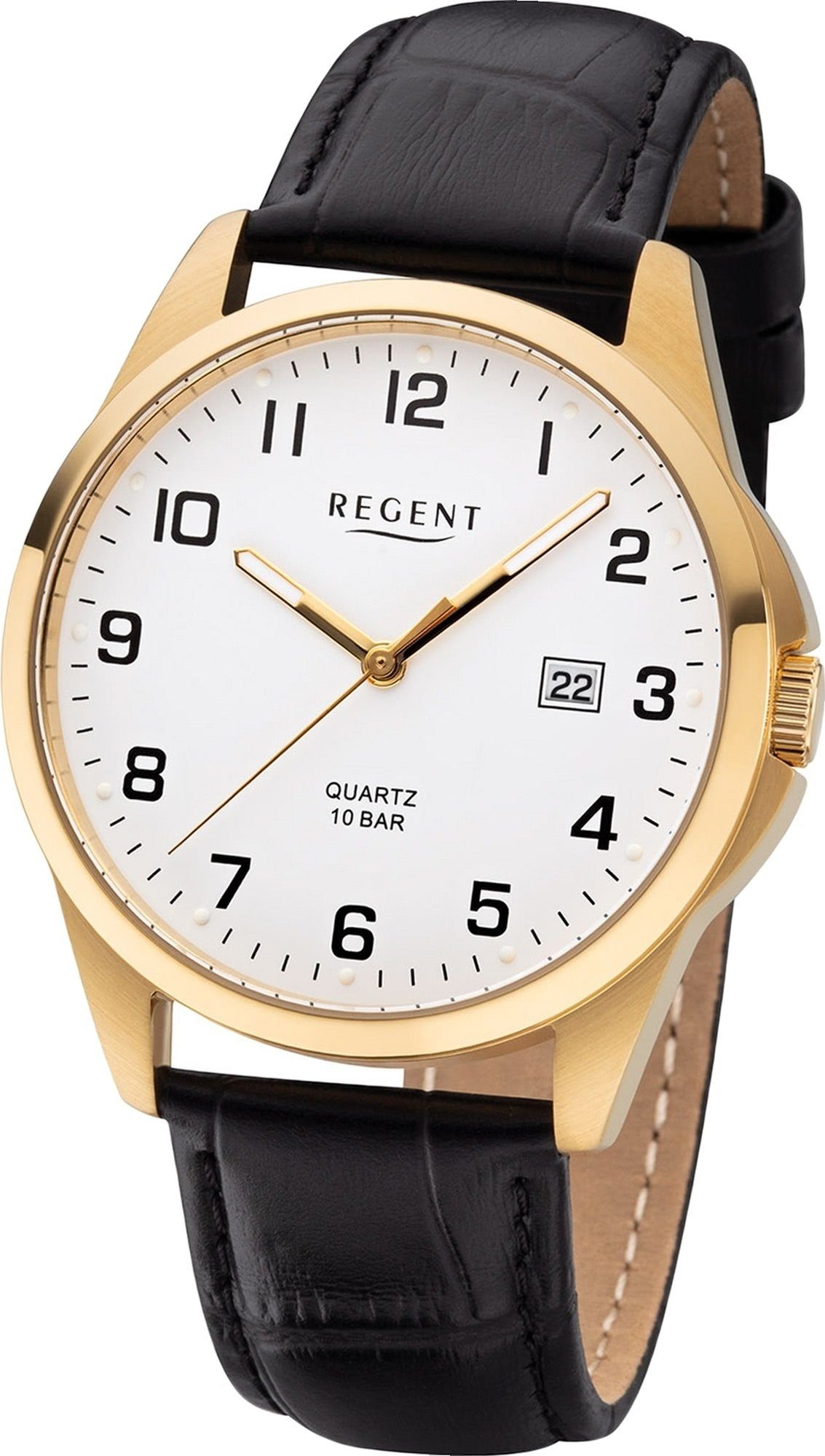 Regent Quarzuhr Regent Leder Herren Uhr F-1226 Analog, Herrenuhr Lederarmband schwarz, rundes Gehäuse, mittel (ca. 36mm)