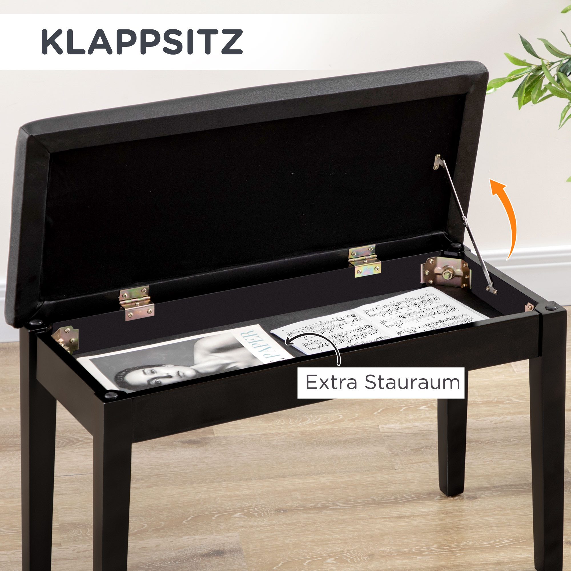 MODFU Polsterbank Höhenverstellbare Klavierbank in Schwarz mit Lederpolster & Staufach (Packung, 1-St., 75x35x49 cm Pianobank, bequem & praktisch für tägliches Üben), Ideal für Klavier, Orgel & als Arbeitshocker für Musikzimmer