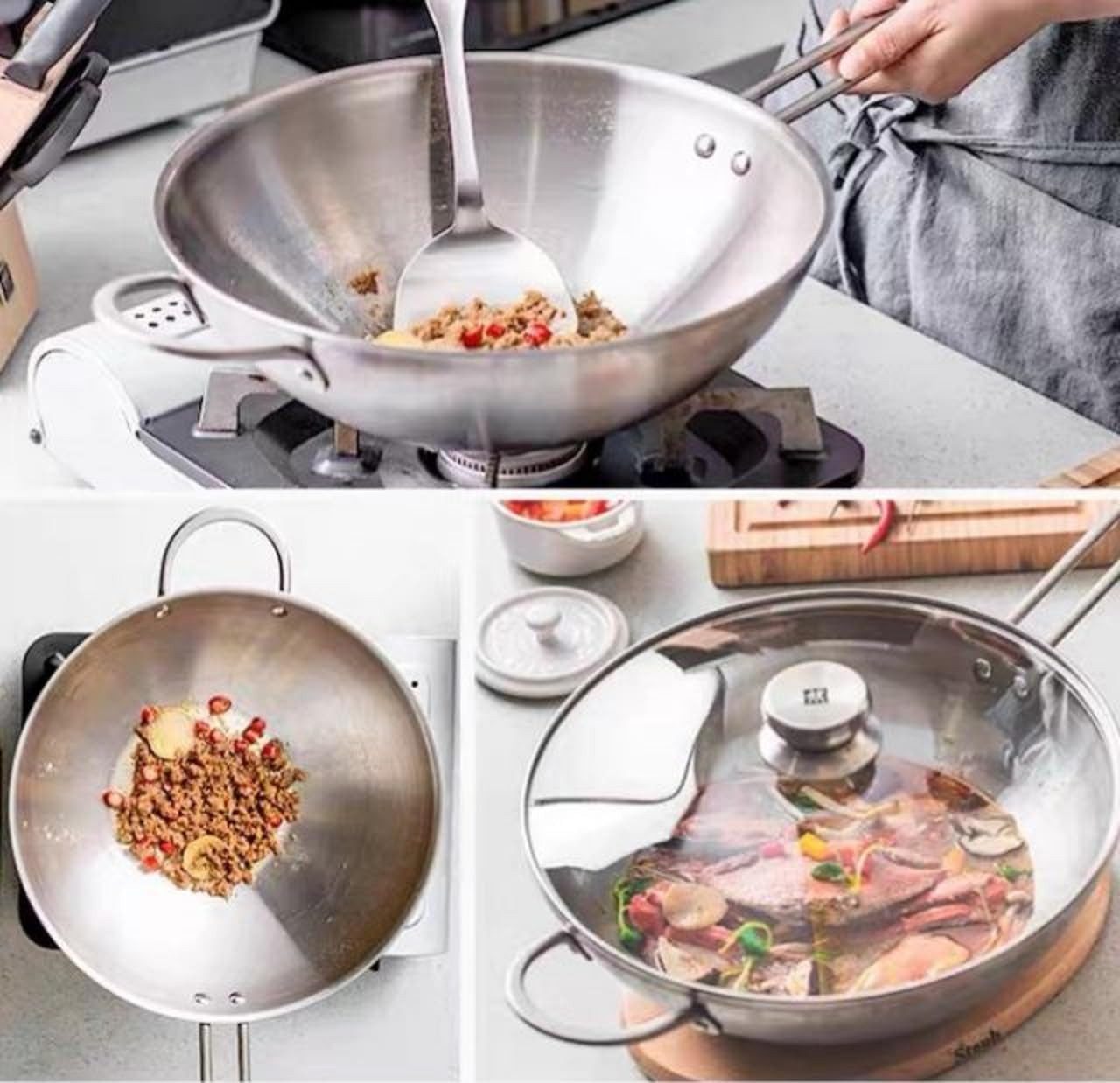 Zwilling Pfannen-Set Wokpfanne 30cm + Schmorpfanne 24cm + 2 Deckel + 2 Messer, Edelstahl, Antihaft, Kratzfest, für alle Herdarten