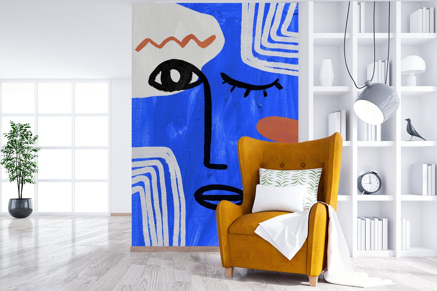 - Vinyl Blau, Montagefertig Tapete - Wohnzimmer, MuchoWow Gesicht Wandtapete (3 für Fototapete Abstrakt bedruckt, Matt, St),