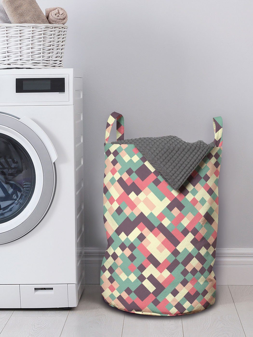 mit Waschsalons, Griffen Abakuhaus Wäschekorb Mosaik-Quadrate-Design für Wäschesäckchen Kordelzugverschluss Geometrisch