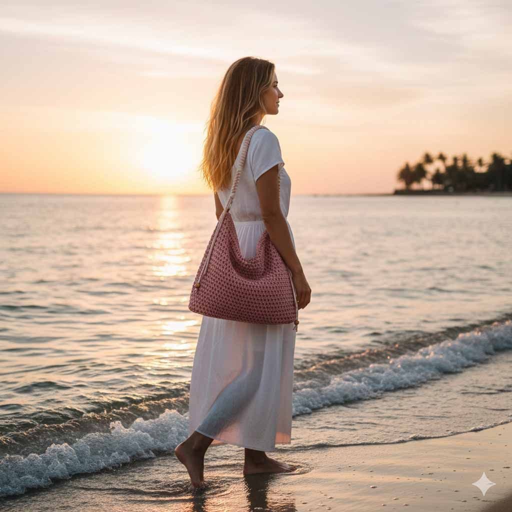 ITALYSHOP24 Schultertasche DAMEN TASCHE Boho Shopper Strohtasche Hobo Geflecht Häkeltasche Textil, Sommer Basttasche Strand Retro Reise Freizeit Urlaub Beutelta – Bild 5 von 5