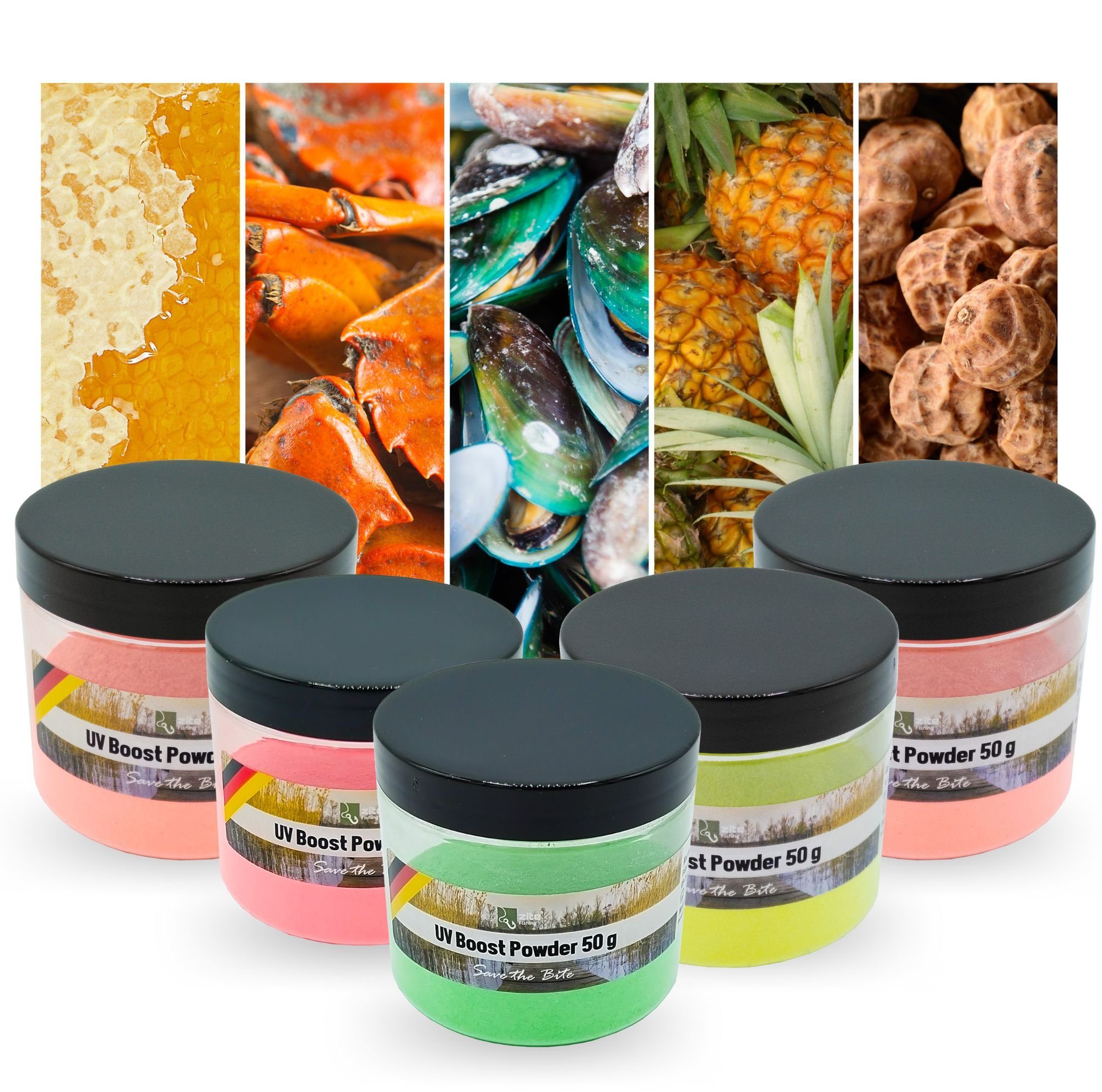 Zite Fischlockstoff UV Boost Powder Set - 5x50g Bait Dip für Karpfenangler in 5 Aromen