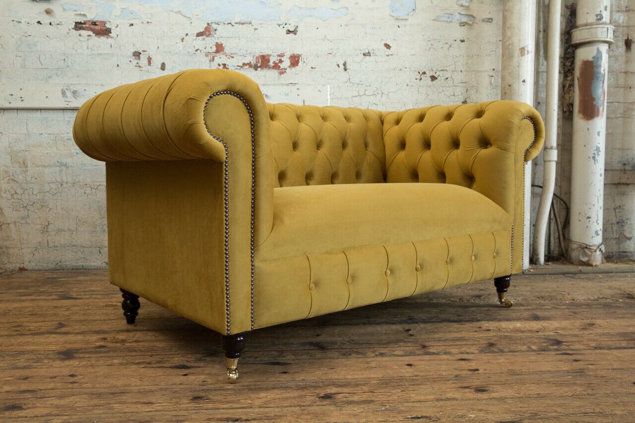 JVmoebel Chesterfield-Sofa Zweisitzer Sofa in Gelb aus Echtleder und Samtvelours, Packung, Made in Europa