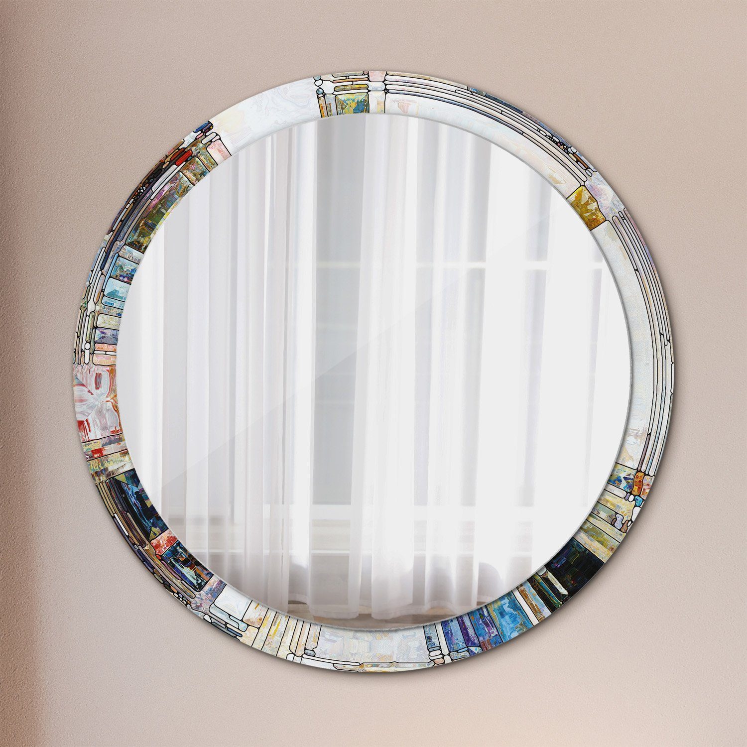Tulup Wandspiegel Runder Spiegel Gebeizt mit Modernem Runder Spiegel mit Deko Modernem Aufdruck Rundspiegel Aufdruck Glas Ø100cm, Rund
