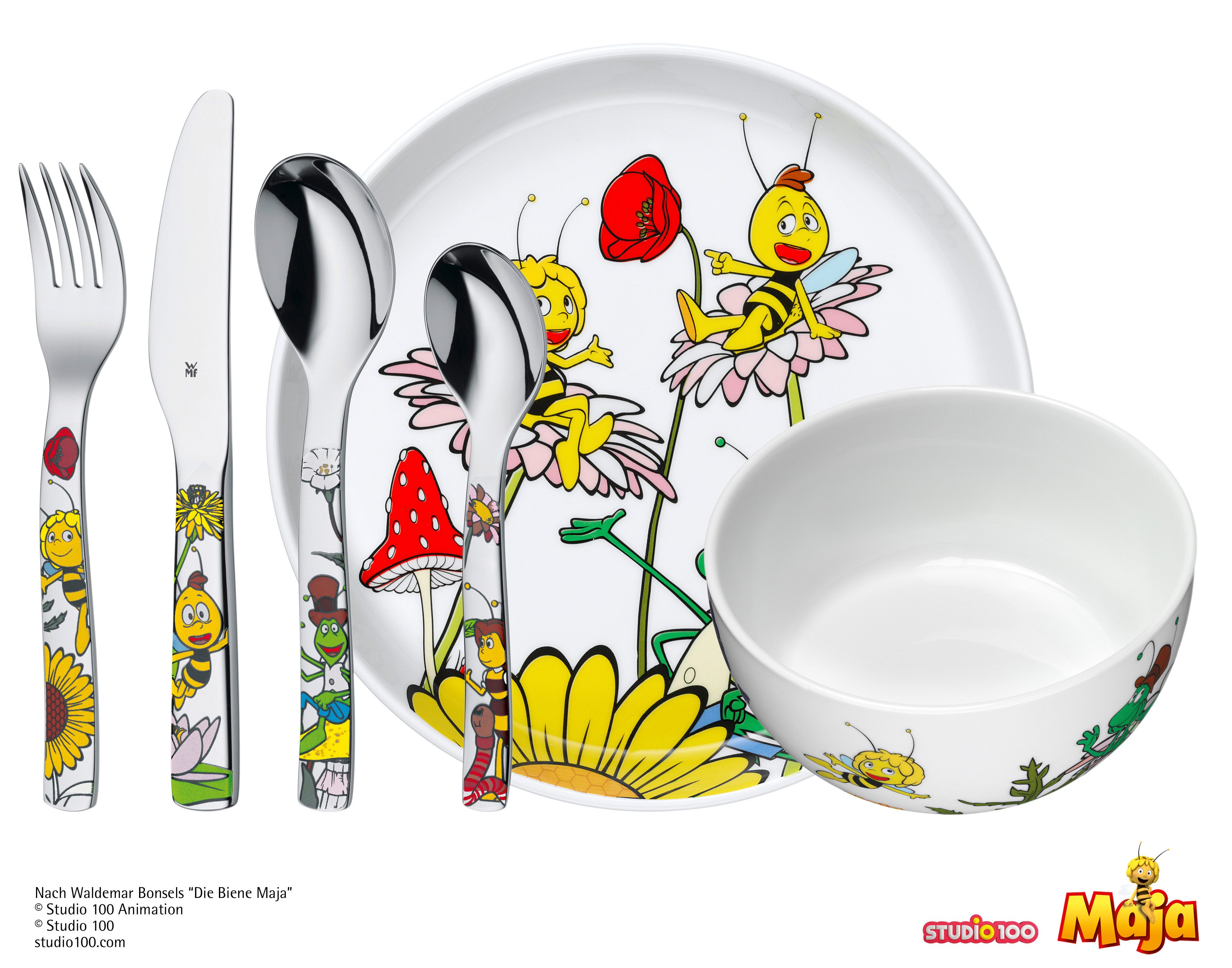 WMF Kindergeschirr-Set Die Biene Maja (6-tlg), 1 Personen, Cromargan® Edelstahl Rostfrei 18/10, Porzellan, ab 3 Jahren, hygienisch, säurefest
