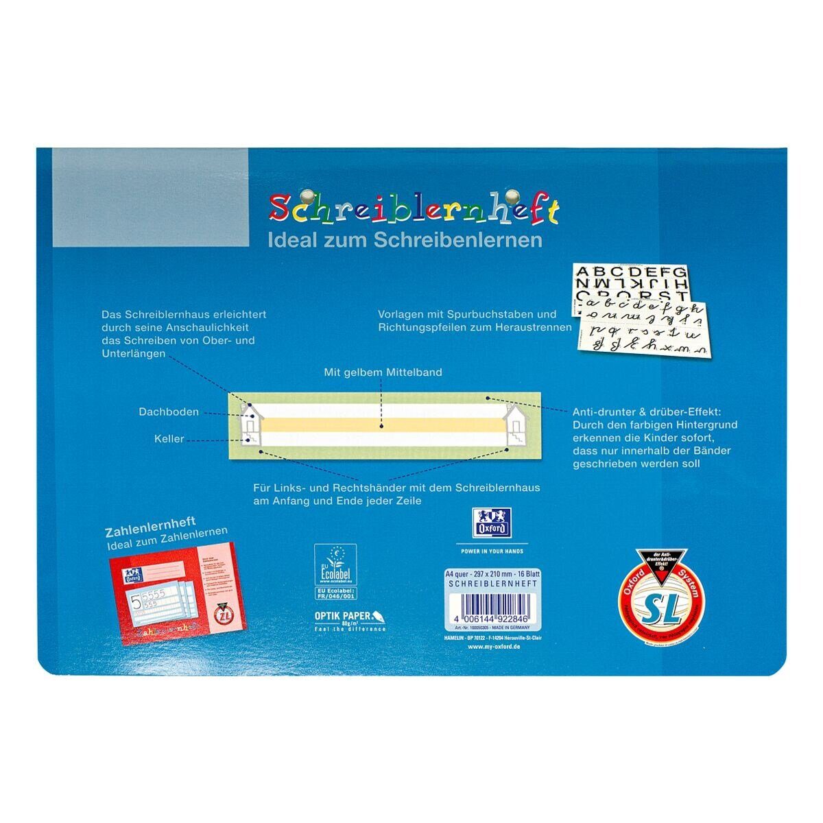 OXFORD Schulheft, Schreiblernheft, A4 quer, liniert (Lineatur SL), gelocht, 16 Blatt