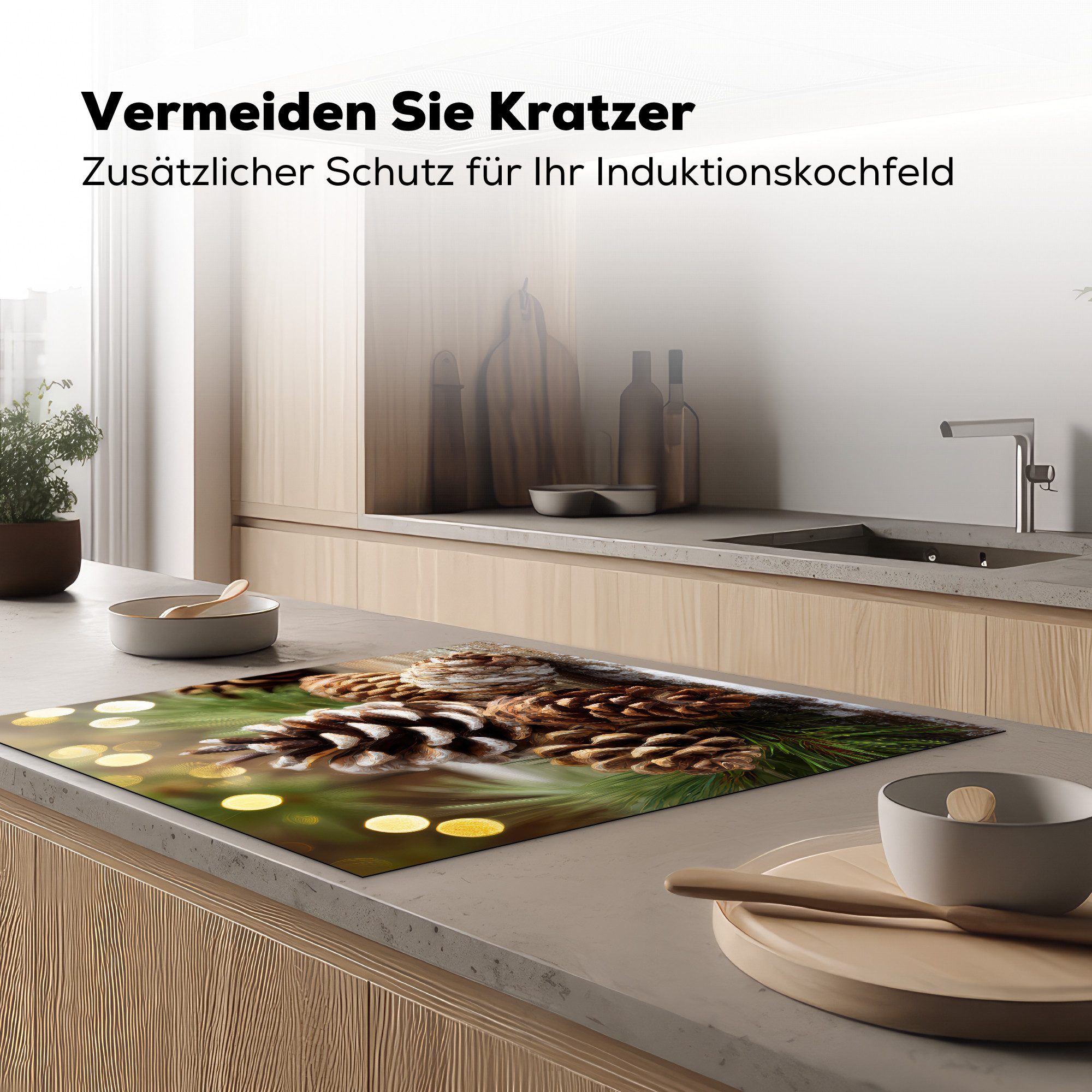 MuchoWow Herd-Abdeckplatte Tannenzapfen - Weihnachtsstimmung - Braun - Grün, Vinyl, (1 tlg), Cerankochfeld Abdeckung, Herd Abdeckplatten Vinyl, 58x59 cm