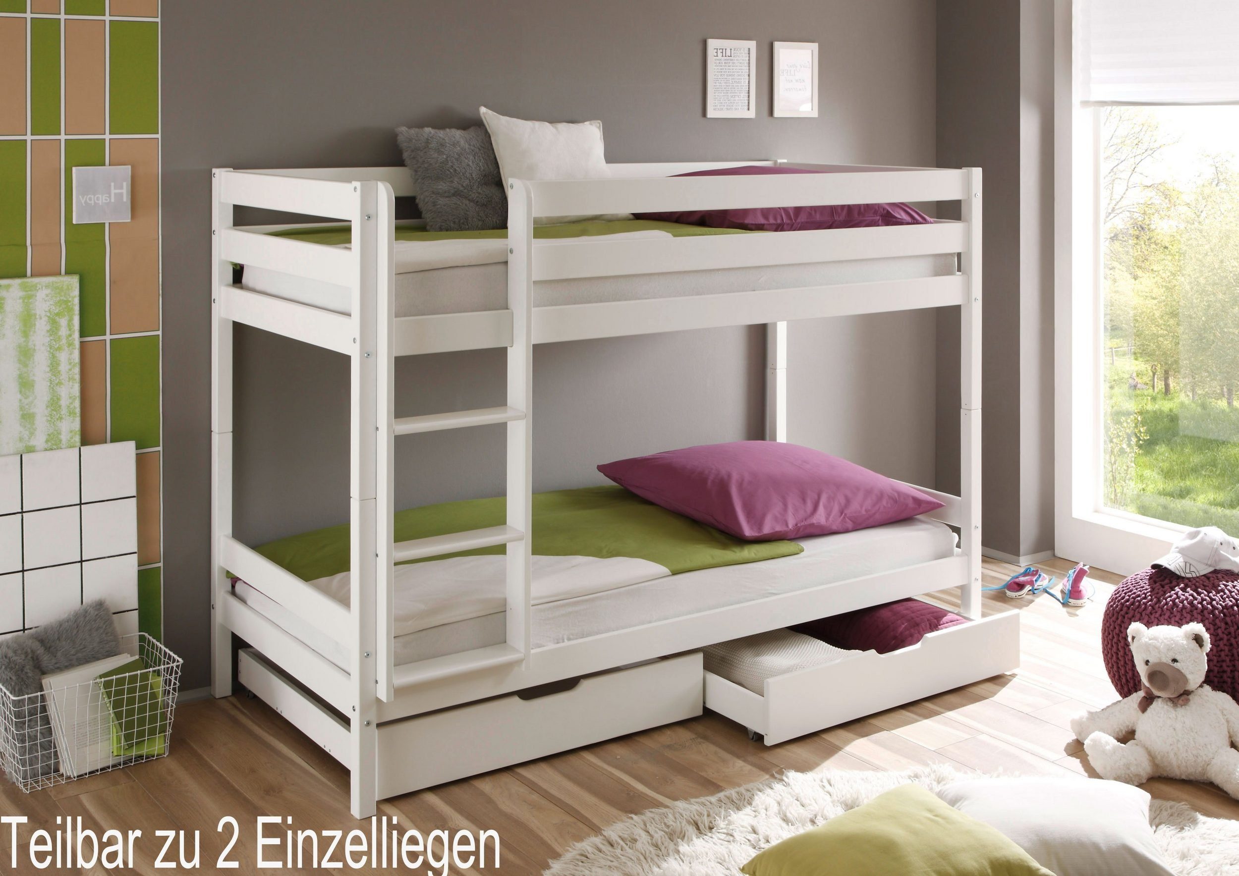 Homeline Bunk Bed, Children's Bed, White Loft Bed, Divisible, Drawer, Slatted Bases (Value Set Offer, 5-Piece, With Wheels, Slatted Bases and Two Drawers), Solid Wood