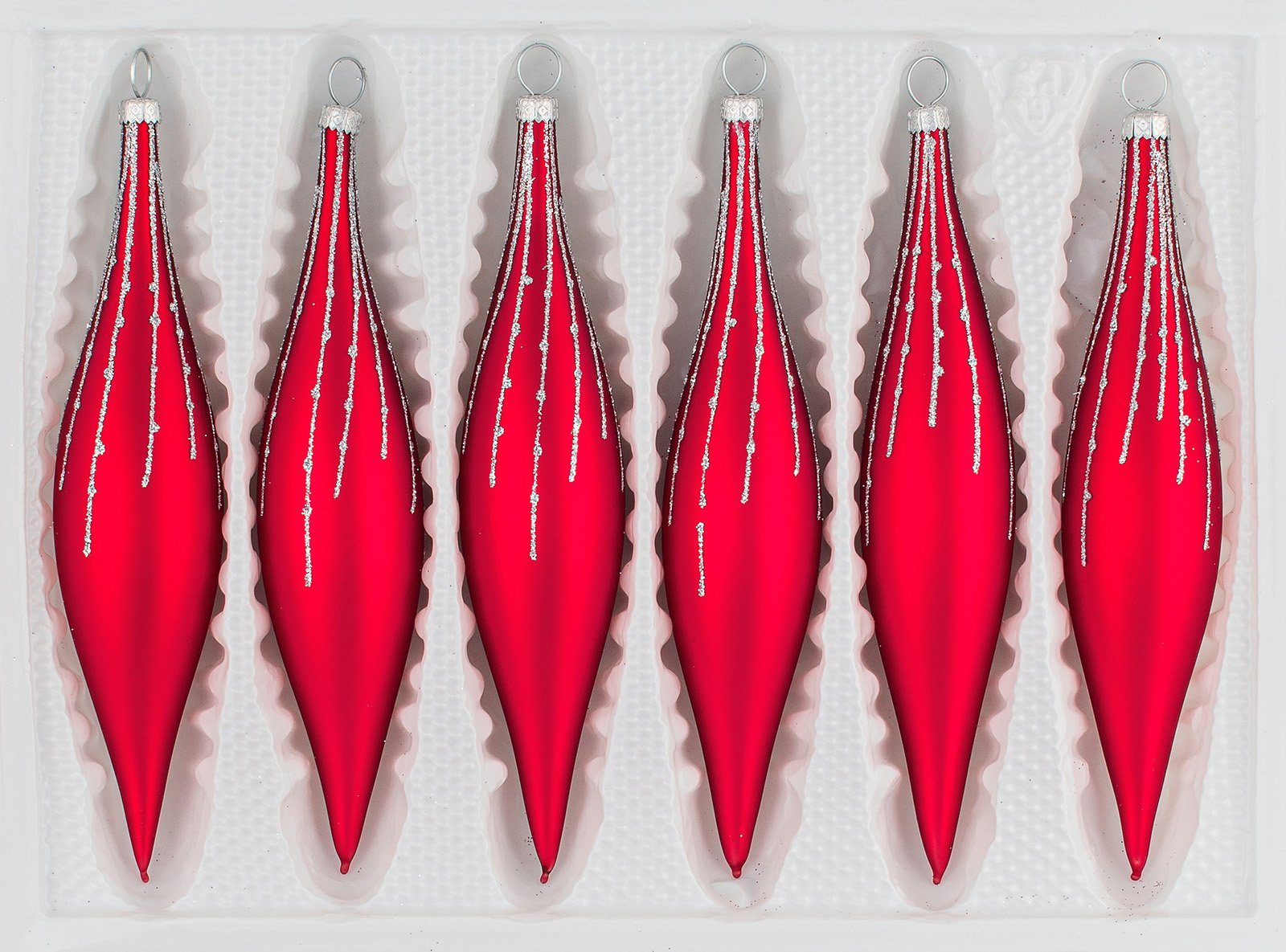 Christbaumschmuck 6 tlg. Glas-Zapfen Set in Classic Rot Silber Regen