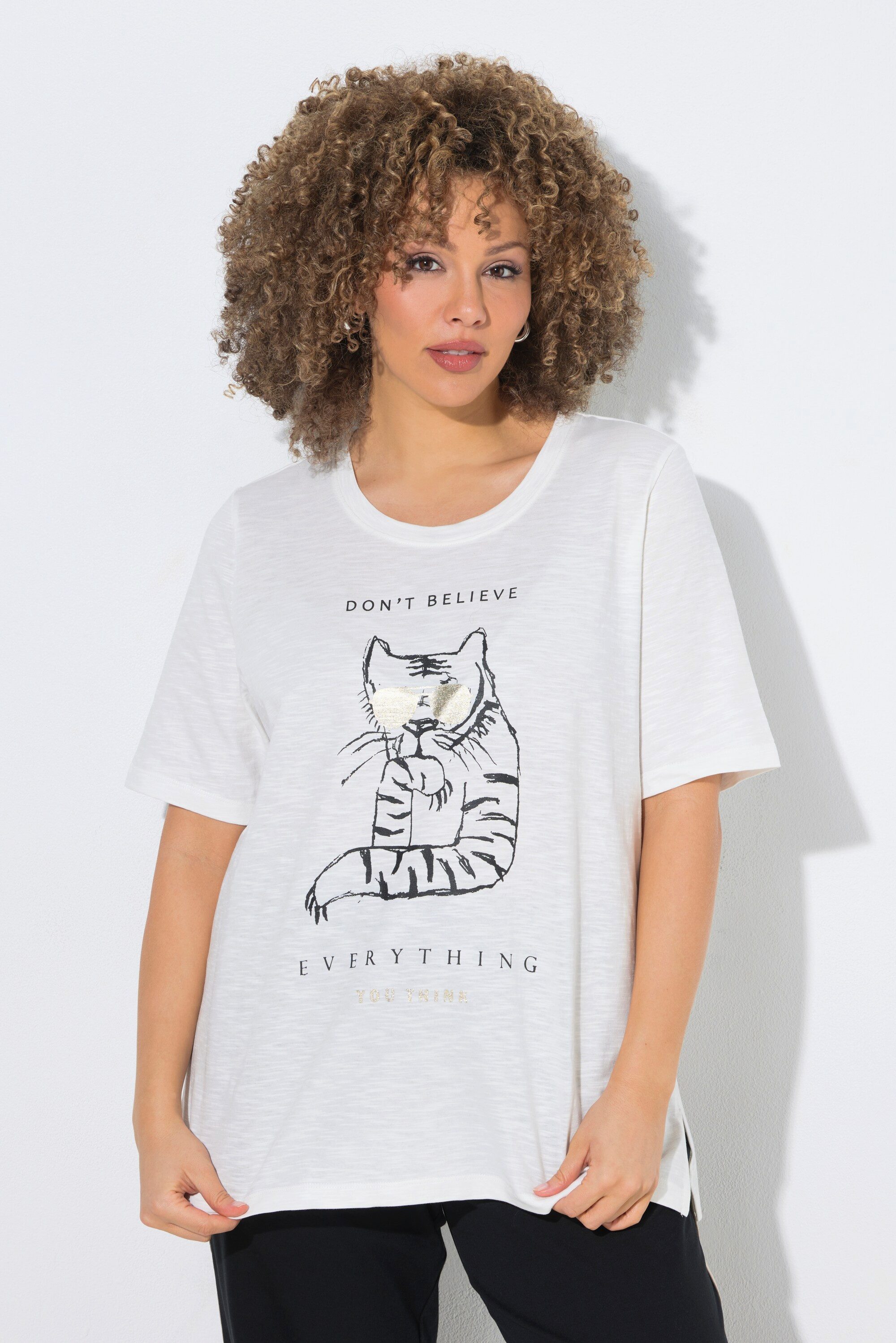 Ulla Popken T-Shirt T-Shirt Katze Oversized Rundhals Halbarm