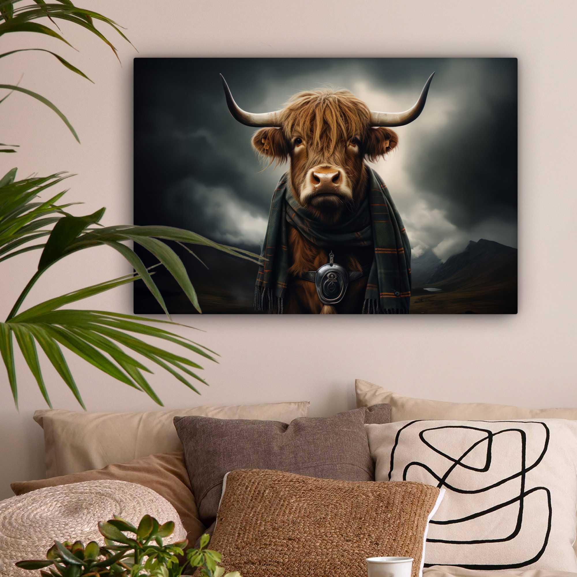 OneMillionCanvasses® Leinwandbild Schottischer Highlander - Schal - Berge, Fotodruck (1 St), Leinwandbilder XXL Wohnzimmer, Deko Aesthetic 150x100 cm