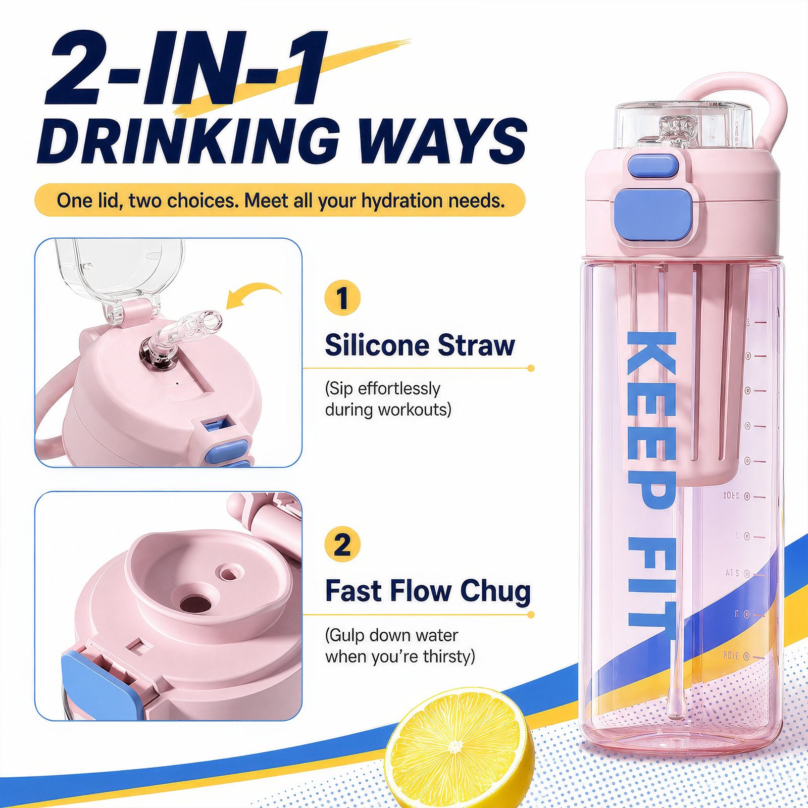BlingBin Trinkflasche Auslaufsicher Wasserflasche 750ml, Sport Flasche mit Strohhalm, Trinkflasche mit Fruchteinsatz für Arbeit, Wandern, Yoga, Schule