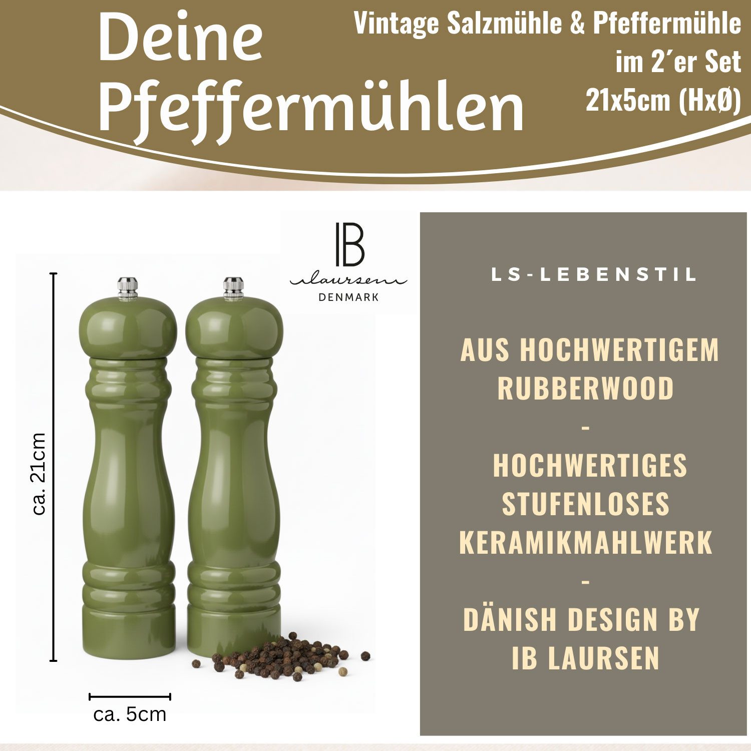 LS-LebenStil Salz-/Pfeffermühle iB Laursen Holz Salzmühle & Pfeffermühle Set Grün 21x5cm Keramikmahlwe manuell, (2 Stück)