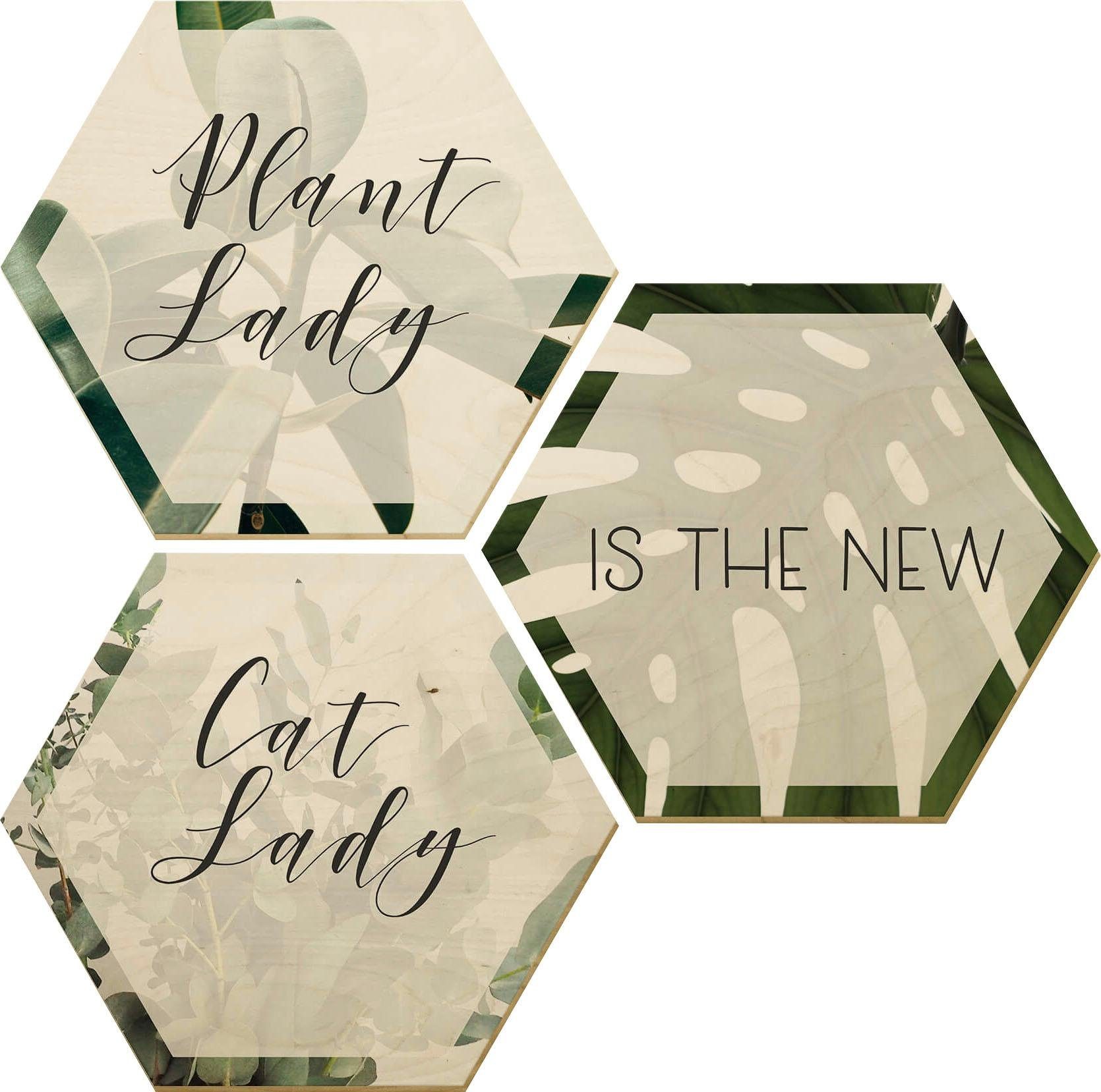 Wall-Art Holzbild Plantlady is the new Catlady, Schriftzug (Set), Holzposter Collage