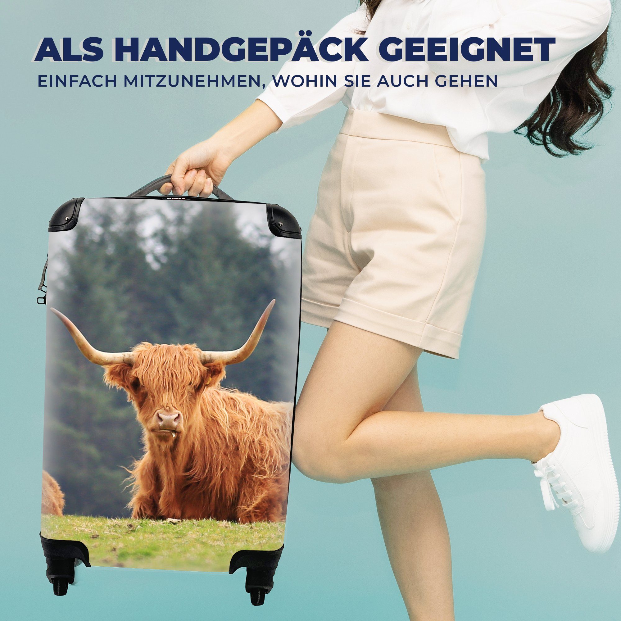 MuchoWow Reisetasche Trolley, Gras Rollen, Ferien, Wald, Schottische Highlander - Reisekoffer 4 für - Handgepäckkoffer Handgepäck mit rollen,