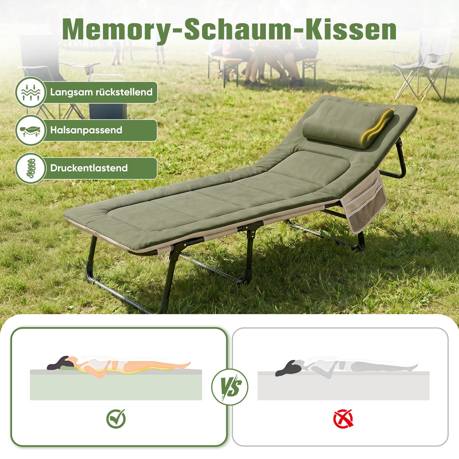 Sekey Faltbett Verstellbar Gästebett Campingbett Klappbar mit Matratze und Kissen 193 x 70 cm Campingliege bis 150 kg, mit verstellbarer Rückenlehne