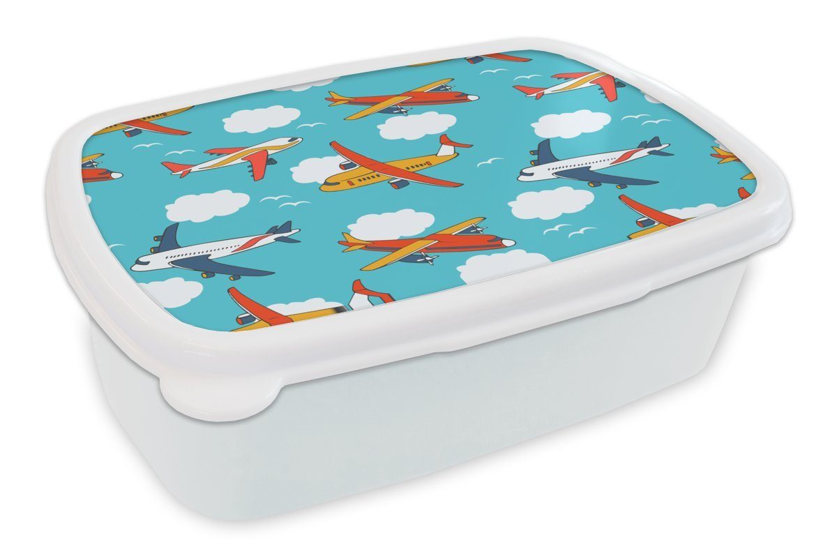 MuchoWow Lunchbox Muster - Flugzeug - Wolke - Luft - Junge - Kind - Kinder - Kinder, Kunststoff, (2-tlg), Brotbox für Kinder und Erwachsene, Brotdose, für Jungs und Mädchen weiß