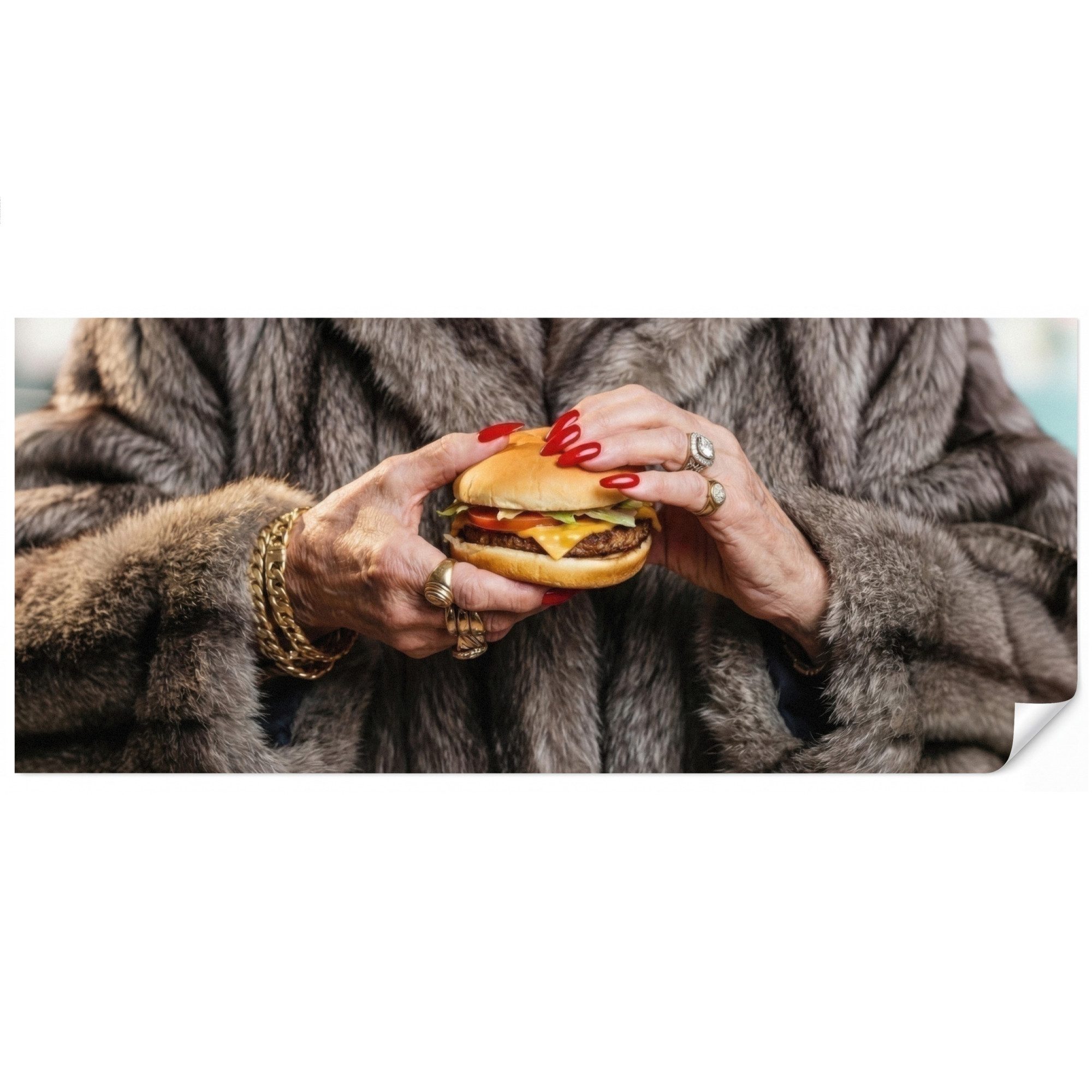 OnlyWow Fototapete Frau - Hamburger - Pelzmantel, Matt, bedruckt, Küche, Modern, Vinyl Tapete 500x220cm