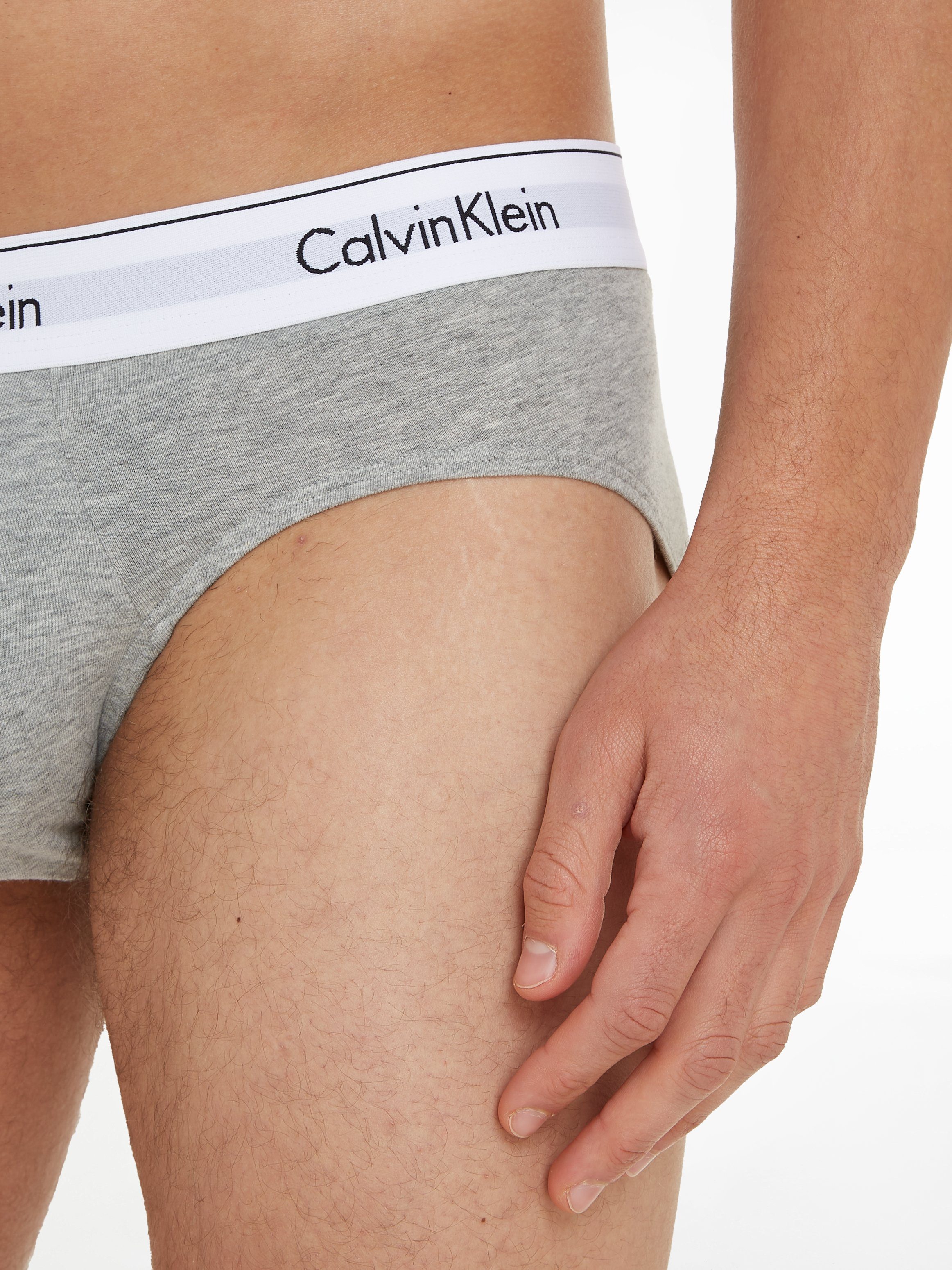 auf Underwear hellgrau-meliert, Slip (Packung, dem 3-St) Klein weiß Logoschriftzug Bund Calvin mit schwarz,