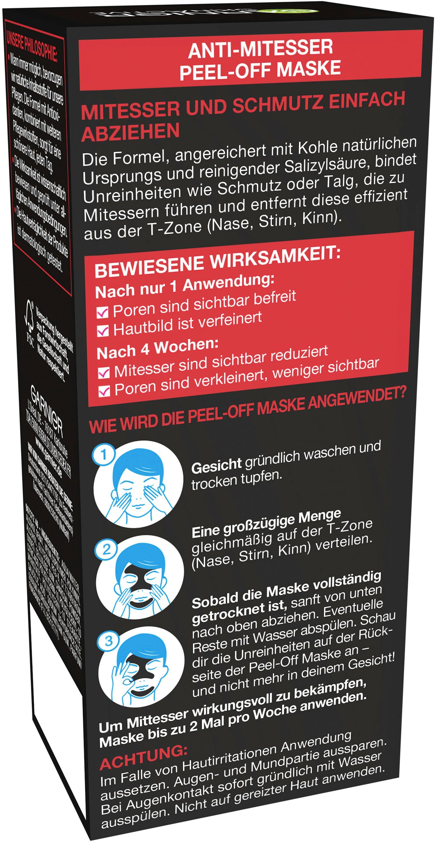 GARNIER Gesichts-Reinigungsmaske GARNIER SKIN ACTIVE KOHLE ANTI-MITESSER PEEL OFF MASKE, mit Kohle und reinigender Salizylsäure