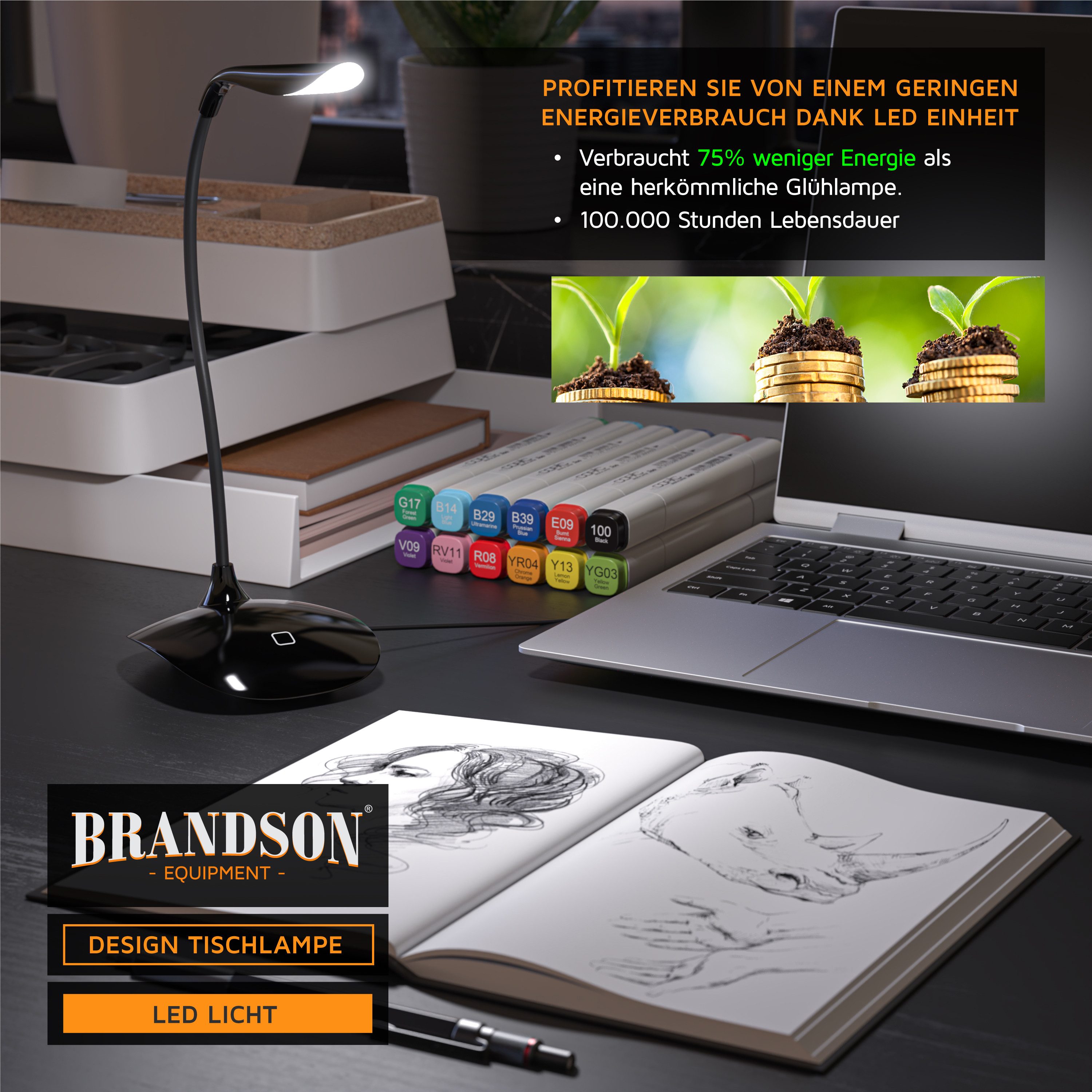 Brandson Schreibtischlampe Bürolampe, Tischleuchte, leuchtstarke 70 Lumen, Energiesparend, 3 Watt, mehrere Helligkeitsstufen, LED fest verbaut, warmweiß, Stroms – Bild 5 von 5