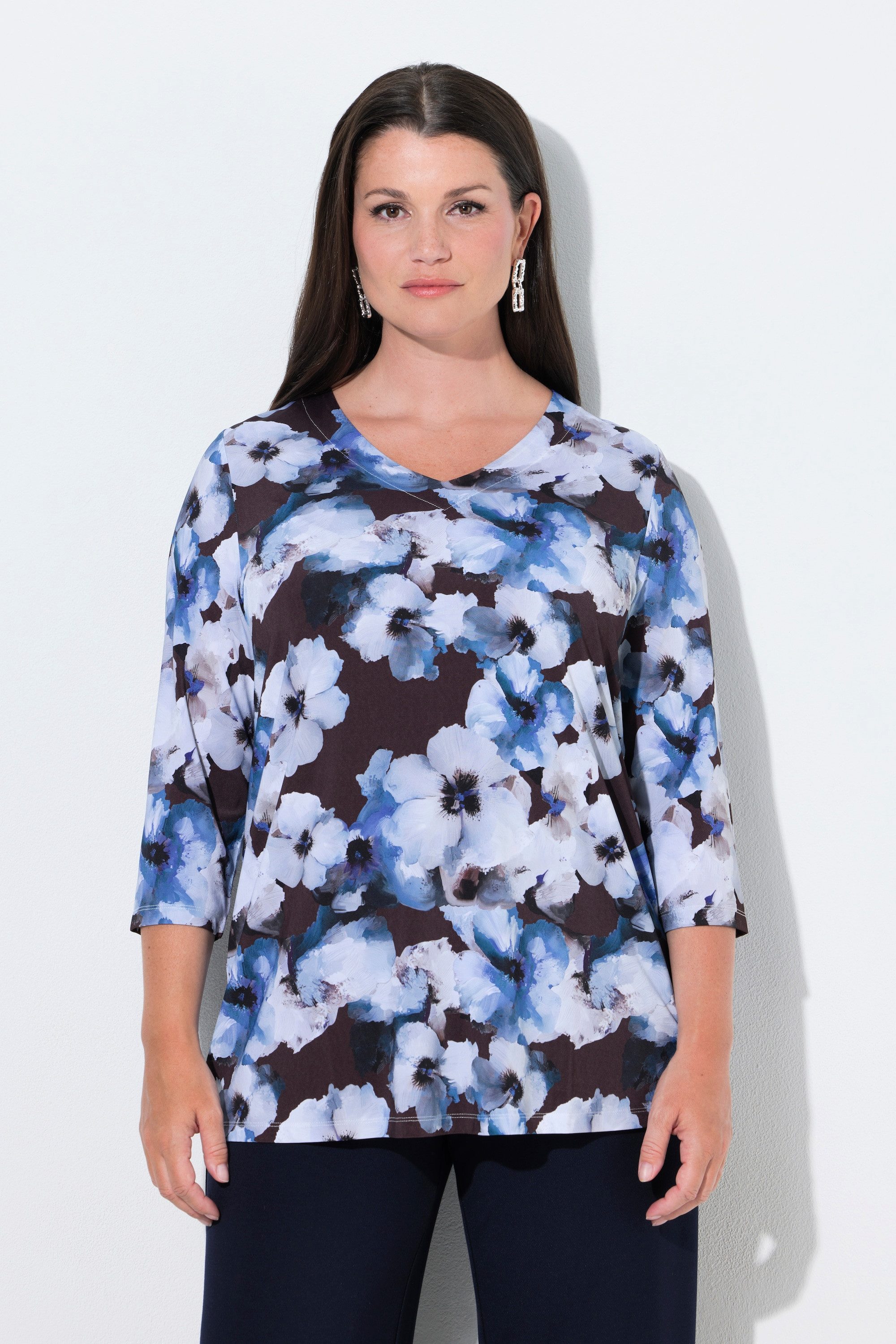 T-Shirt Slinky-Shirt Blüten A-Linie V-Ausschnitt 3/4-Arm