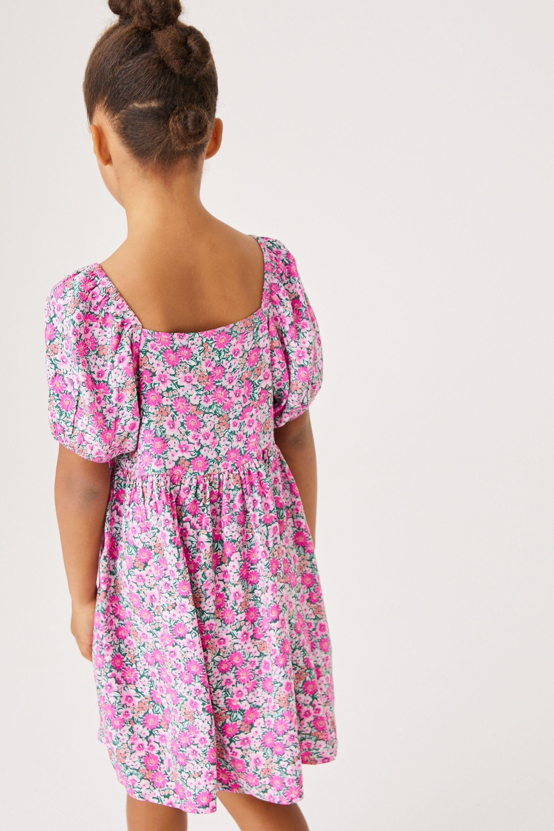 Next Sommerkleid Gemustertes Kleid mit (1-tlg) Puffärmeln Pink