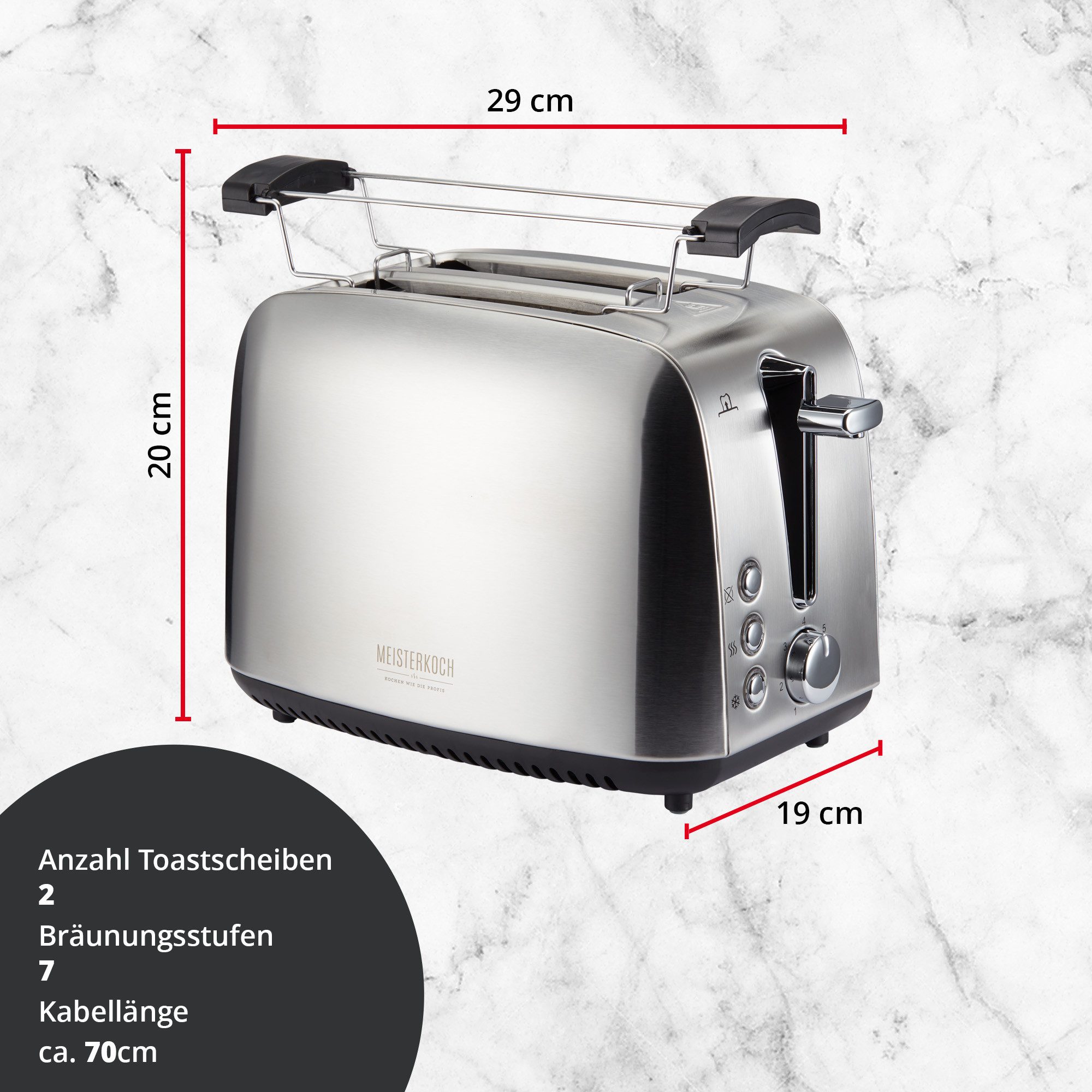 KHG Toaster 2-Scheiben-Toaster Edelstahl 925 W mit Brötchenaufsatz, 2 kurze Schlitze, für 2 Scheiben, 925 W, 7 Röststufen, Auftau- & Aufwärmfunktion, Krümelschublade