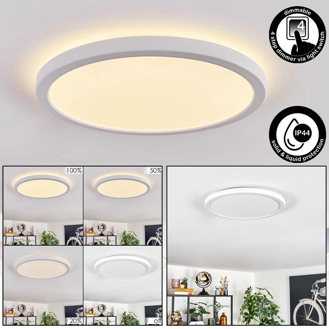 hofstein Deckenleuchte dimmbare Deckenlampe aus Kunststoff in Weiß/Weiß, LED wechselbar, 3000 Kelvin, runde Leuchte im modernen Design, dimmbar über Lichtschalter, 18 Watt