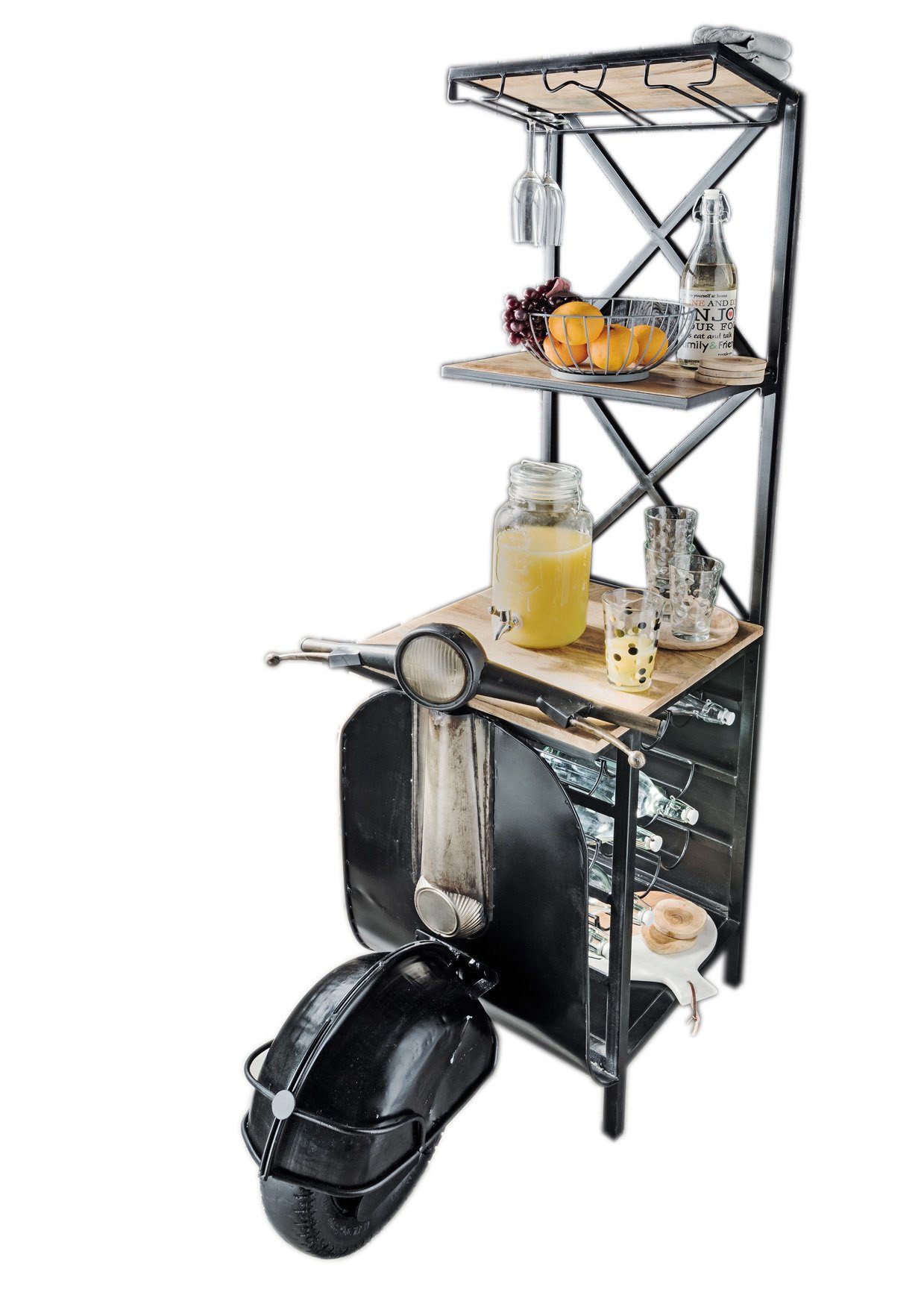 More2Home Barschrank in Rolleroptik SCOOTER, Handgefertigt Metall schwarz / Mangoholz