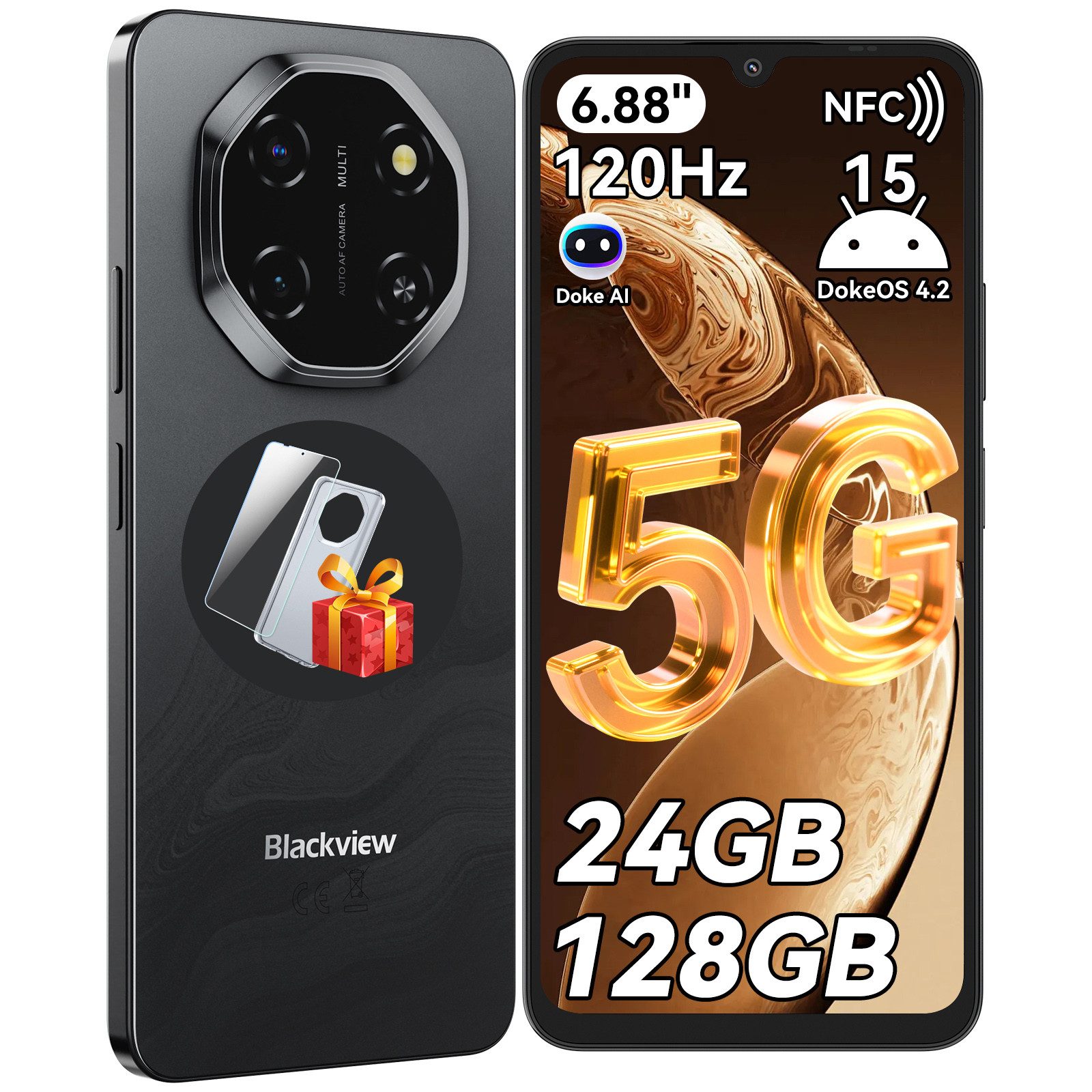 blackview Shark 6 5G, 6,88‘’, Android 15 Handy (128 GB Speicherplatz, 120Hz, Doke AI, 5000mAh,Unisoc T8100, Android 15)