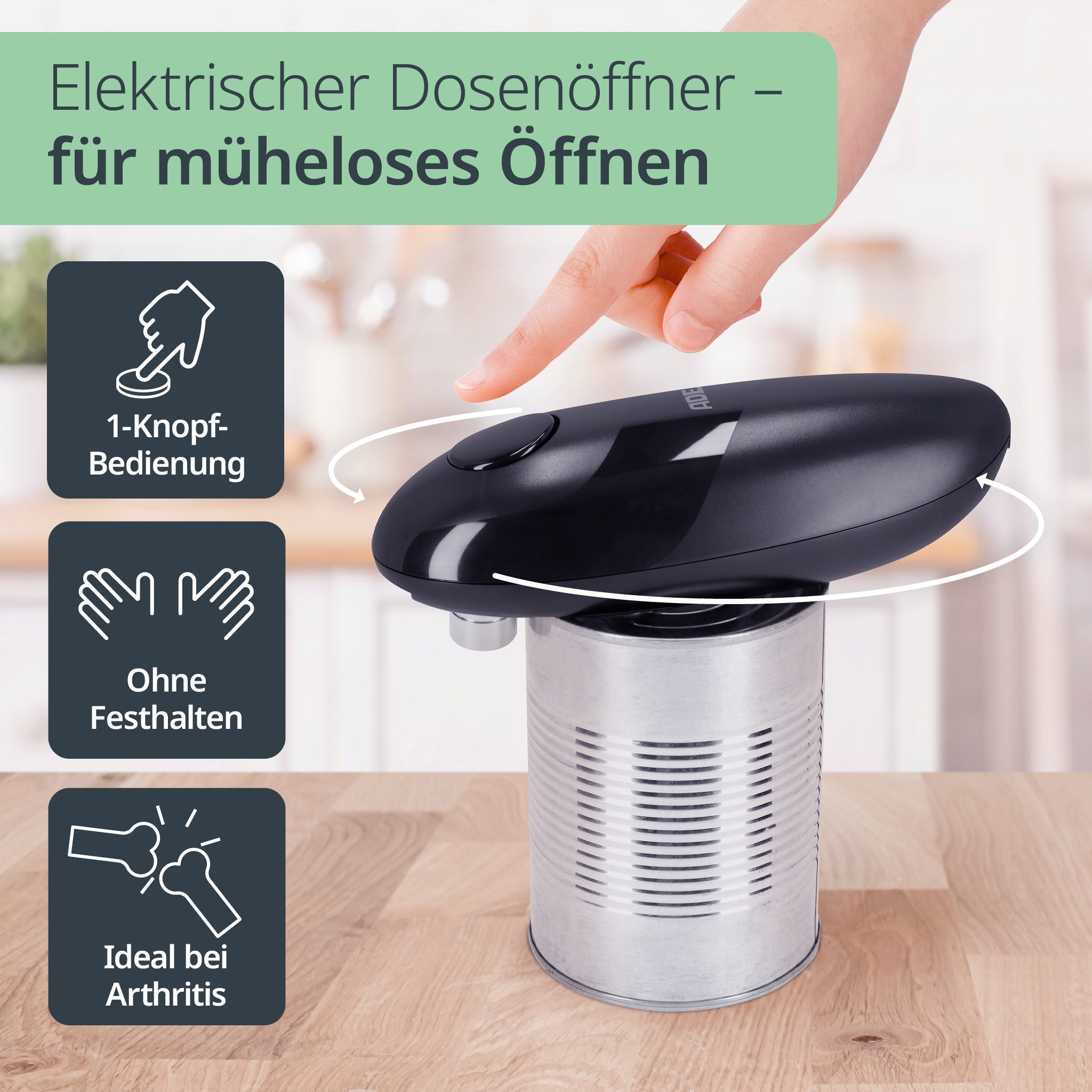 ADE Elektrischer Dosenöffner, praktischer Deckelöffner mit Magnet und Haken, perfekt für Senioren, einhändige Bedienung, ohne scharfe Kanten
