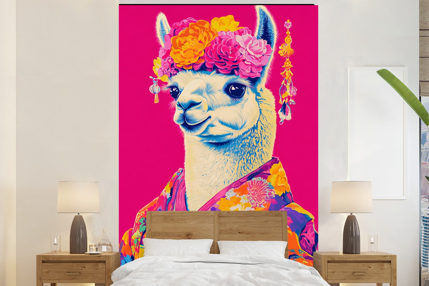 MuchoWow Fototapete Lama - Kimono - Blumenkranz - Hellrosa, Matt, bedruckt, Montagefertig Vinyl Tapete, Wandtapete, 145x220 cm