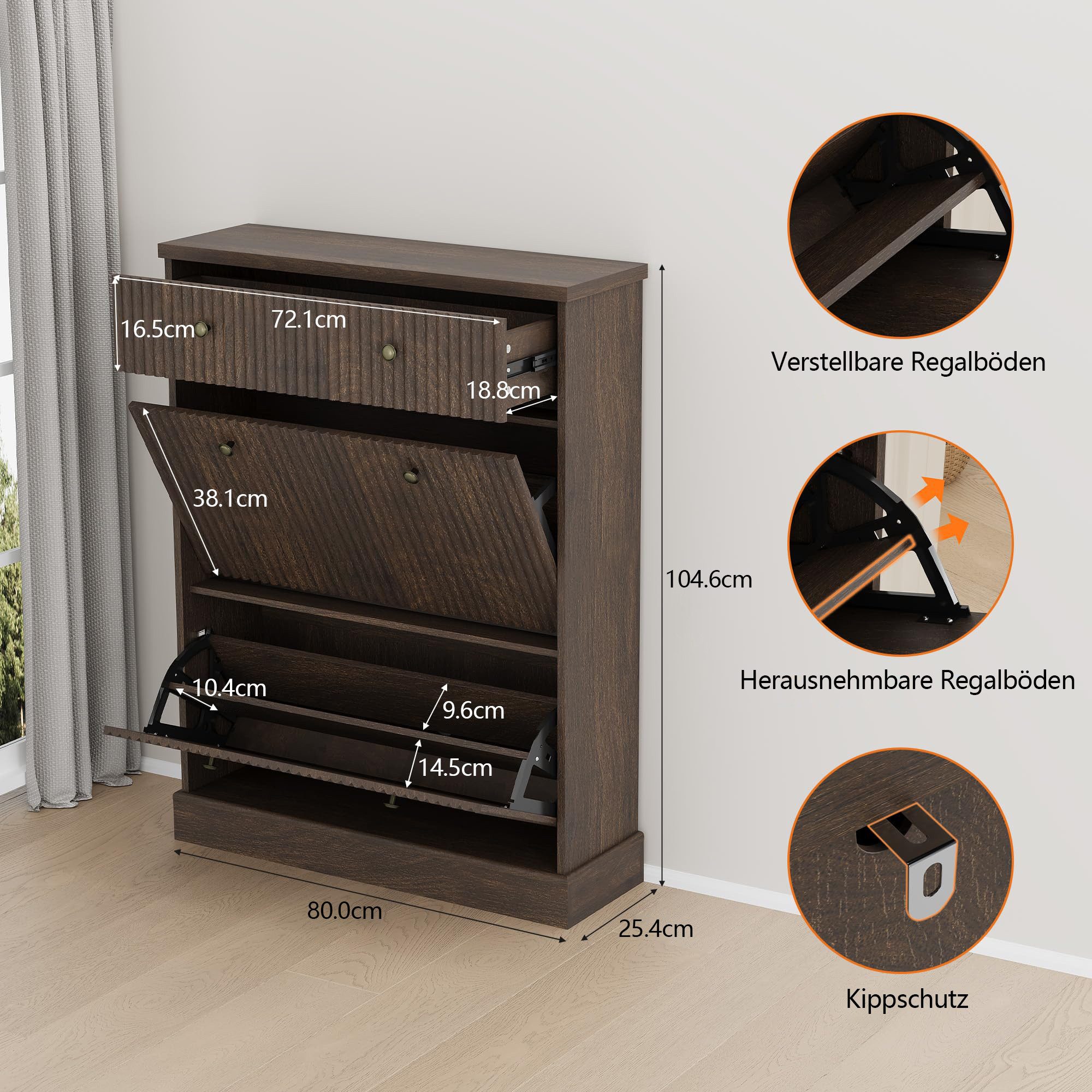 GarveeMore Schuhschrank Moderner Rillenprofil mit 2 Klappschubladen und oberer Schublade (1-St) (B80/T25/H107 cm) Schuhregal für 12–16 Paar Schuhe, für Flur und Diele